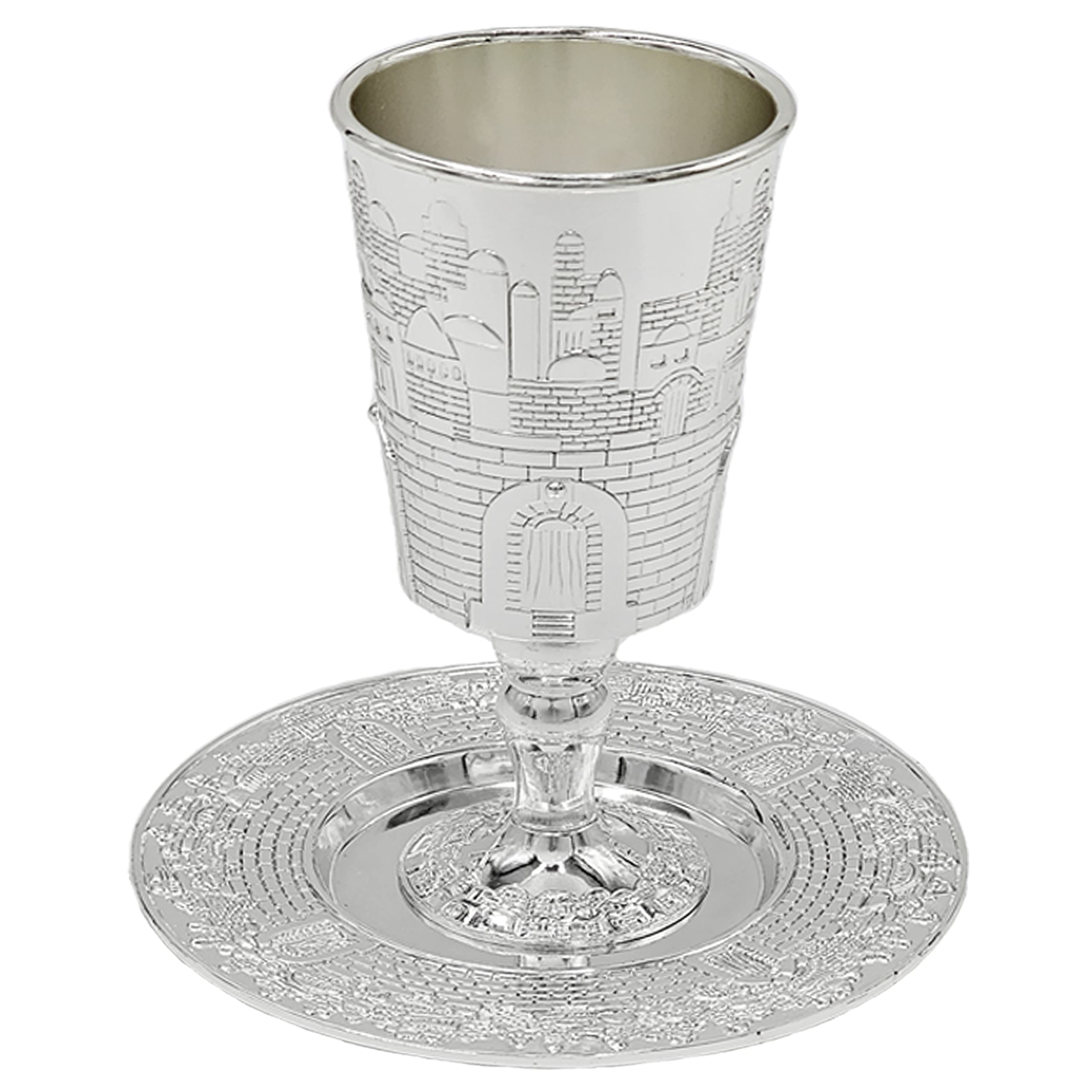 The Dreidel Company Tall Kiddush Cup With Leg Jerusalem Design, Premium Quality Silver Plated Goblet, Shabbat and Havdalah Goblet, Judaica Shabbos and Holiday Gift (Jerusalem-Design with Leg)