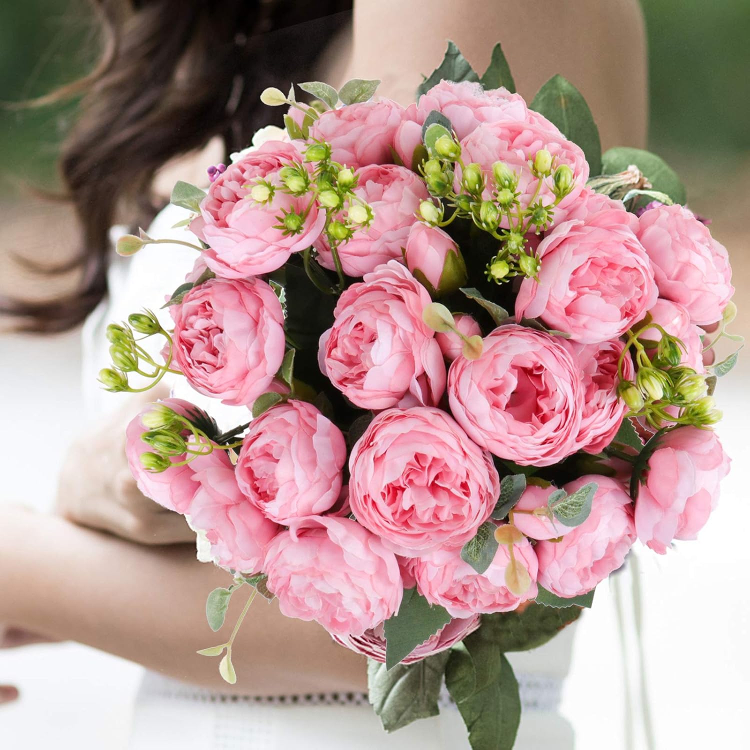 Artificial Peony Silk Flowers Bouquet Vintage Fake Flowers Faux Peonies Flowers 3 Bundles for Home Wedding Decoration(Pink)