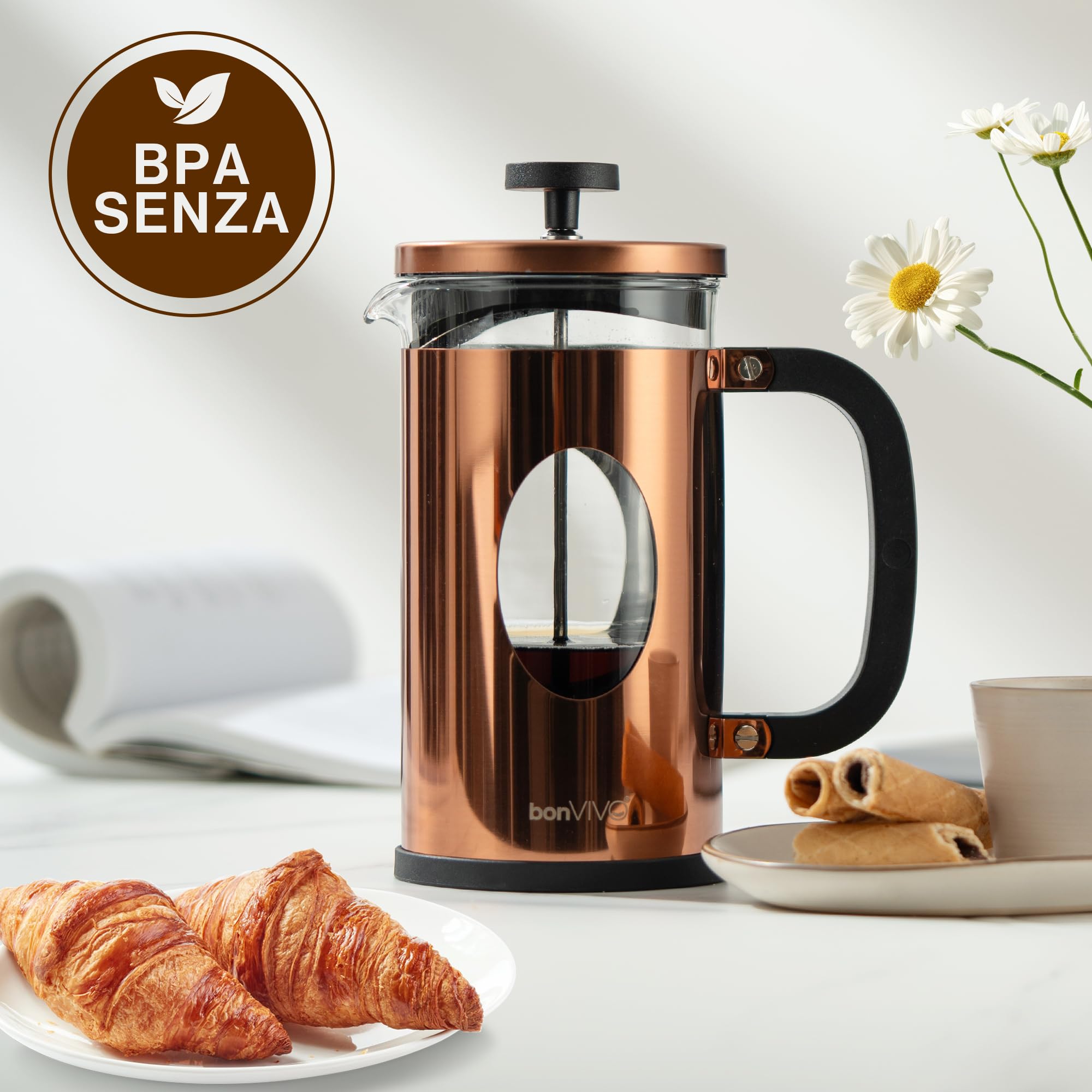 bonVIVO Caffettiera a Stantuffo French Press 8 Tazze (1000 ml) – Caffettiera in Vetro Borosilicato e Acciaio Inox per Caffè, Tè, Infusi e Cold Brew – Design Elegante Rame