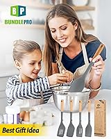 Vista 7 de Juego de 4 utensilios de cocina de silicona, espátulas sólidas antiadherentes y cucharas ranuradas resistentes al calor con mango de madera