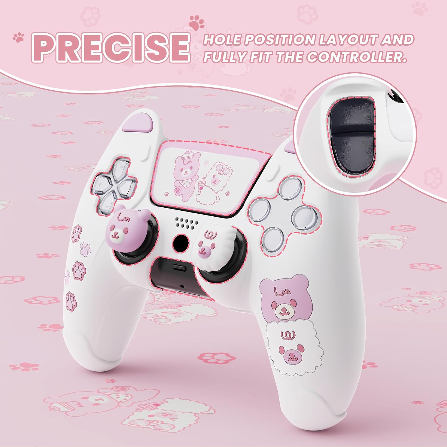 PlayVital Cute Bear Controller Silicone Case for ps5, Kawaii Controller Cover Compatible with Charging Station, Gamepad Skin Protector for ps5 with Touch Pad Sticker & Thumb Grips - White & Pink