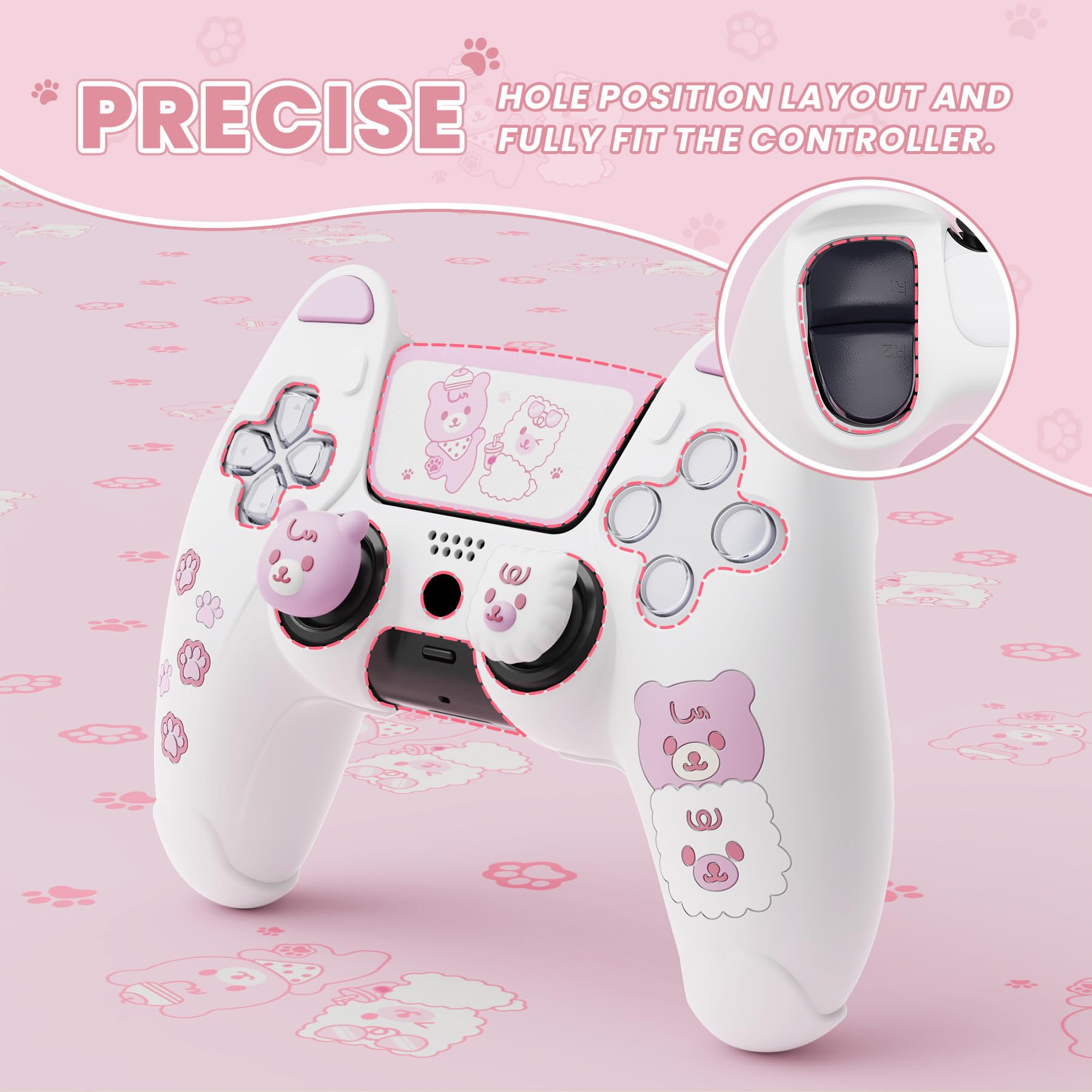 PlayVital Cover Controller per ps5 Joystick,Custodia Protettiva Silicone Skin Antiscivolo&Copri Levette Analogiche&Adesivo Touchpad,Orso Carino,Bianco&Rosa