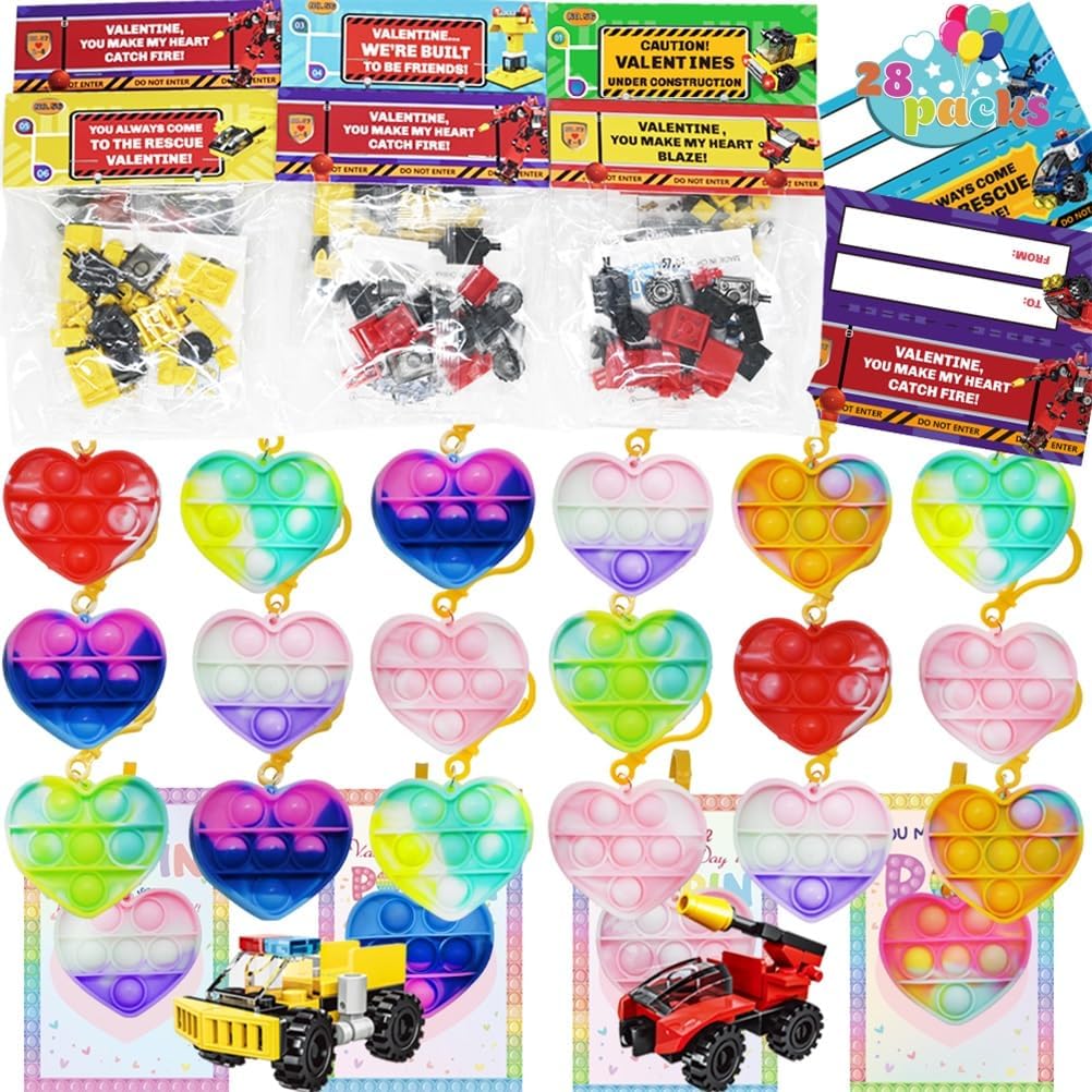 WODMAZ 28 Pack Pop Fidget Toys Bulk, Heart Pop Fidget Party Favors for Kids, Mini Pop Keychain Easter Basket Stuffers Egg Fillers Easter Party Favors Classroom Prize