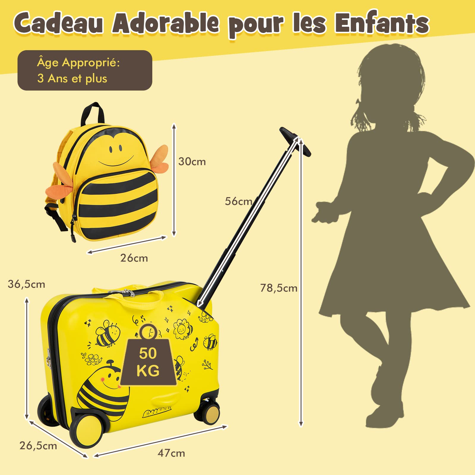 DREAMADE Valise Roulette Enfant 18" et Sac à Dos 12" avec Bandoulière Réglable Bagage Cabine Enfant 3+Ans avec Roues Pivotante 360° Bagage à Main Fille et Garçon Charge 50KG+8KG (Abeille)