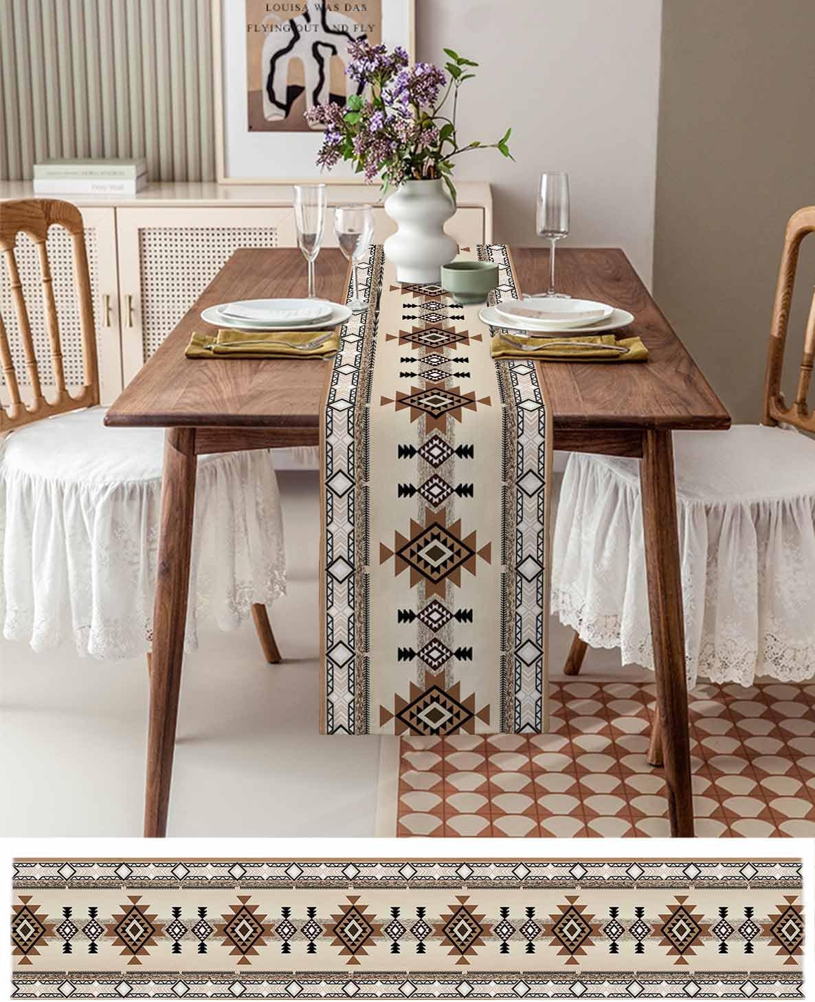 Bohemian Cotton and Linen Table Runner 72 Inches, Abstract Aztec Modern Art Dresser Decor Table Runners for Dining Party Holiday Wedding Table Decoration