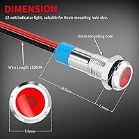 Vista 2 de DaierTek Luz indicadora LED de 12 V, impermeable, luz de señal roja, impermeable, 0.236 in, 1/4 pulgadas, metal, 12 voltios, indicador LED, luz