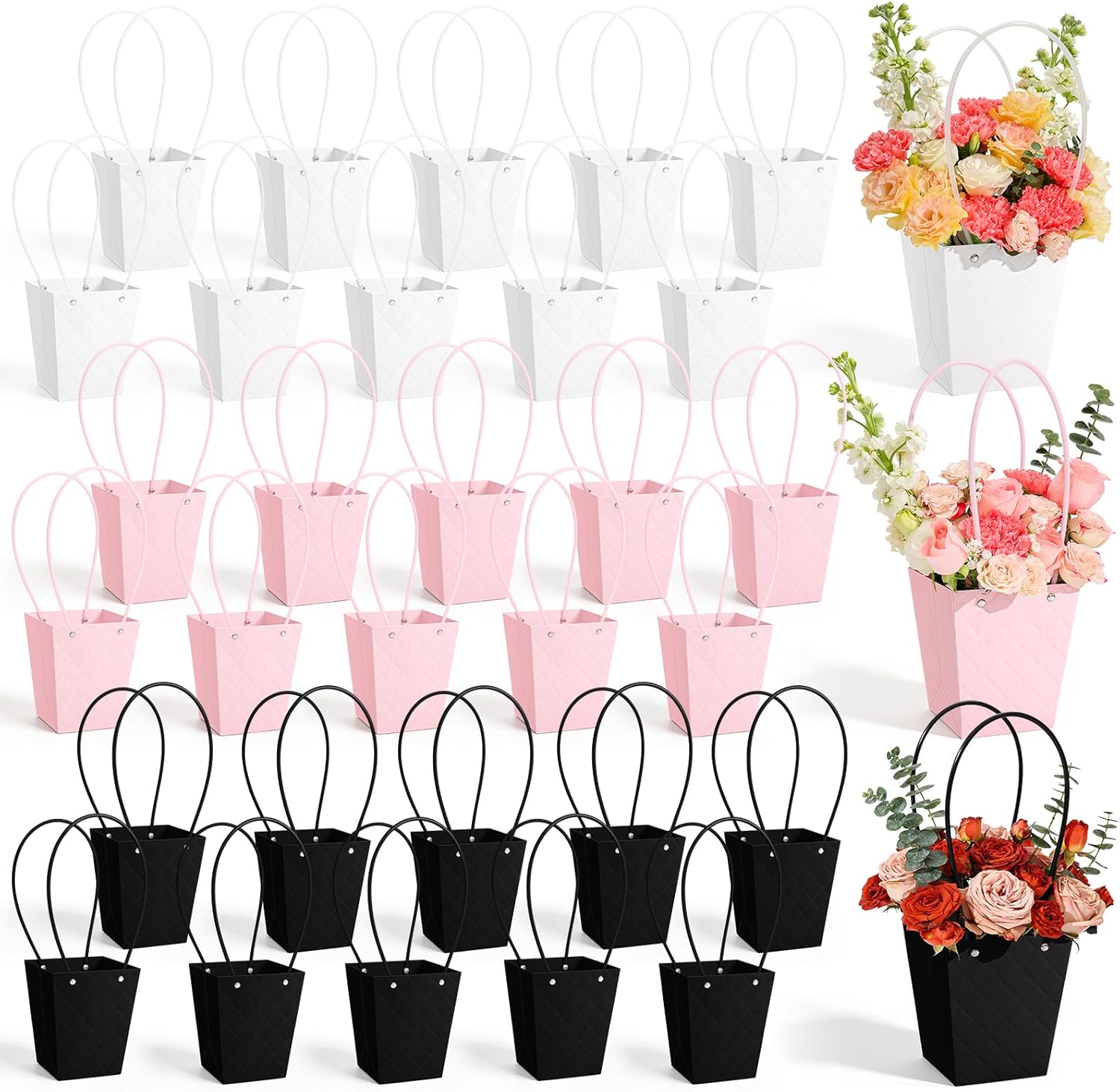 tchrules 30pcs Flower Box for Arrangement, Waterproof Bouquet Wrapping Bag With Handle Pink White Black Paper Floral Box for Valentine's Mother's Day Graduation Wedding Flower Bar Supplies, 6.1×5.11×3.74 in