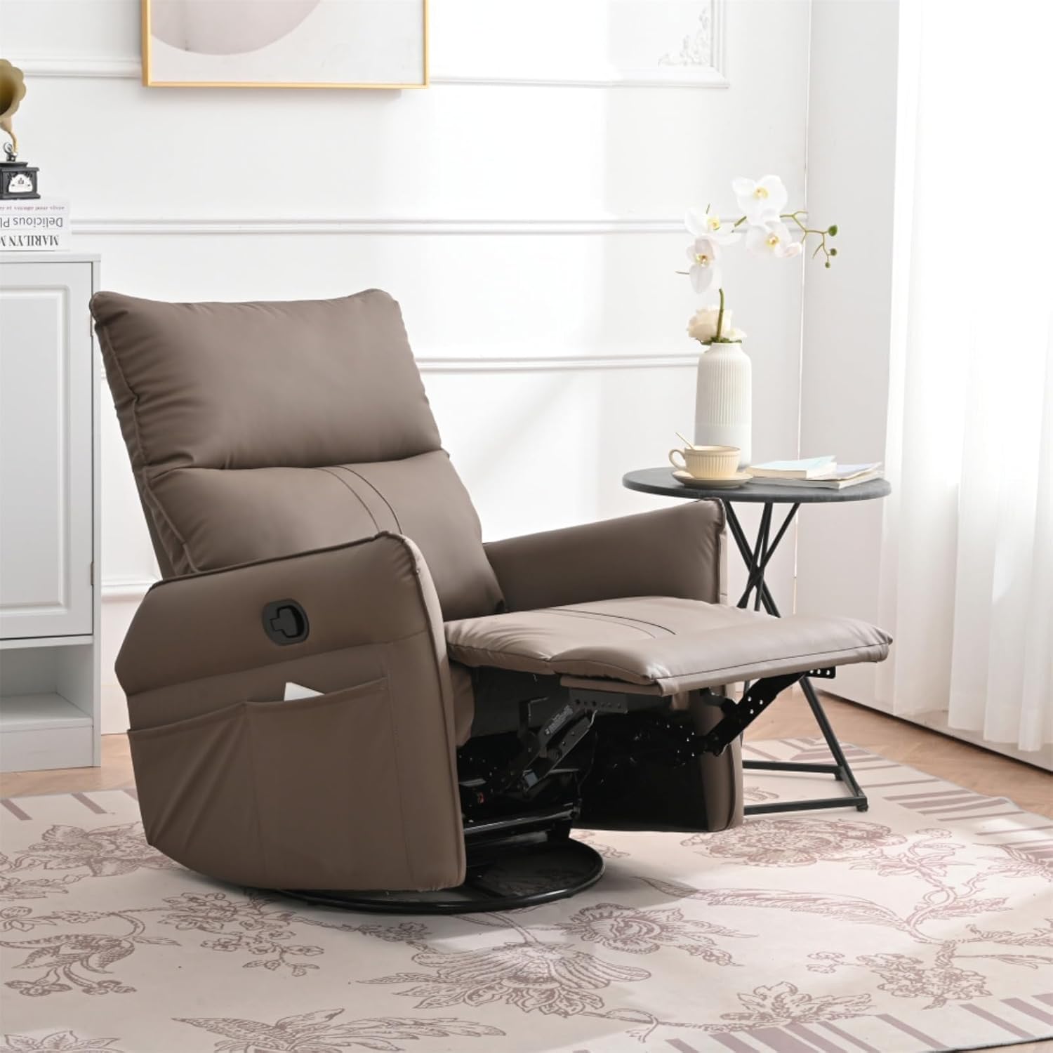 PU Rocking Recliner Chair,360° Swivel Nursery Rocking Chair,Glider Chair,Modern Small Rocking Swivel Recliner Chair for Bedroom,Living Room Chair Home Theater Seating,Side Pocket (Brown)