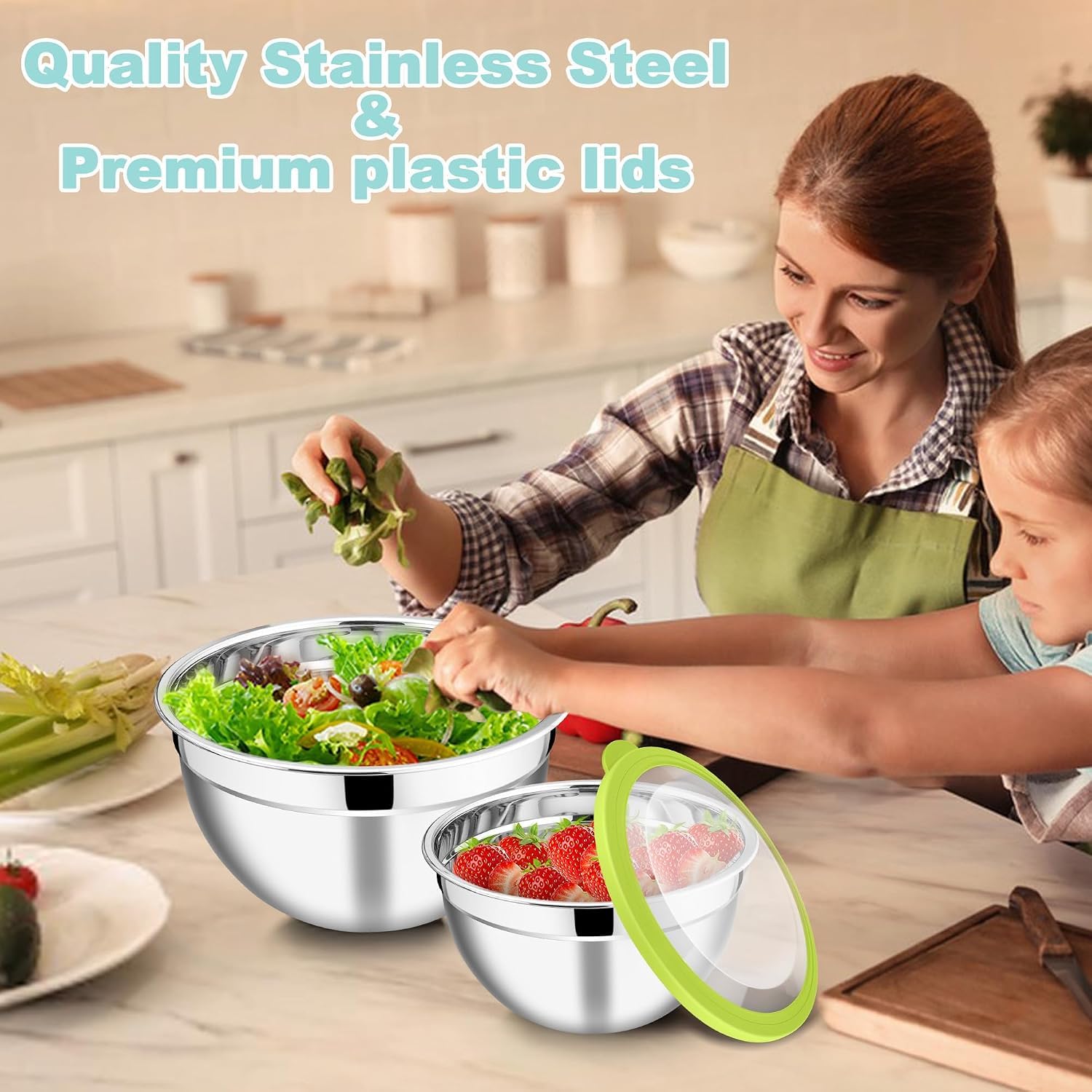 Joyfair Rührschüsseln, 5 Stück, Edelstahl, ineinander stapelbare Salatschüssel mit luftdichten, transparenten Deckeln, Metallschüssel-Set, ideal für Küche, Mischen, Backen, Servieren, Aufbewahren