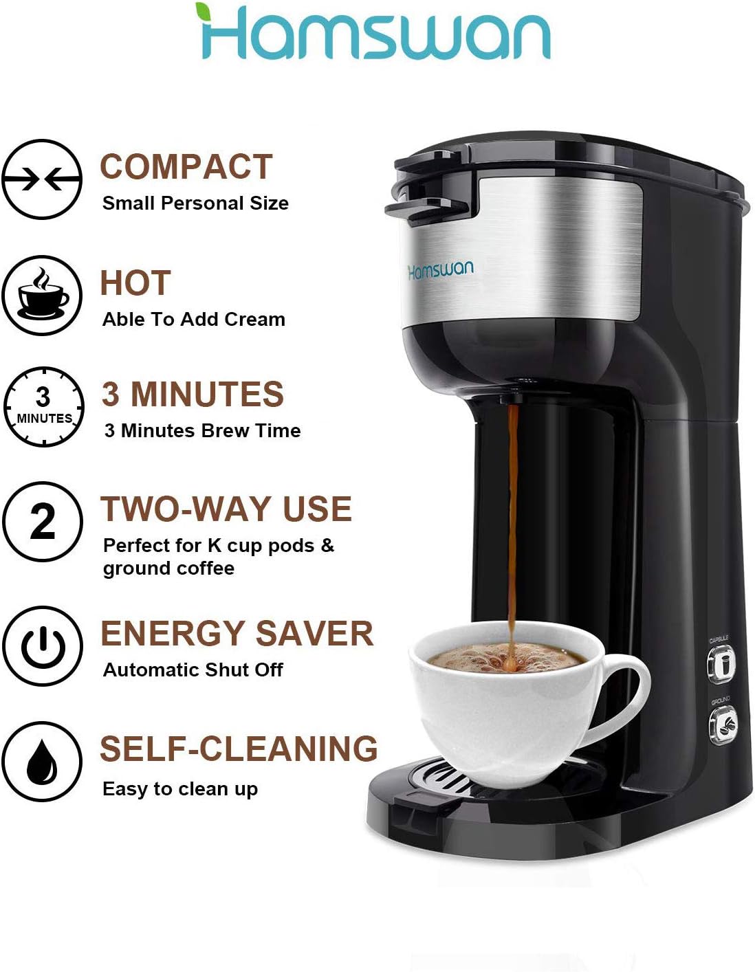 Single Serve Coffee Maker, HAMSWAN K Cup Coffee Maker for K-Cup Pod & Ground Coffee, Coffee Machine with Self Cleaning Function (Black)