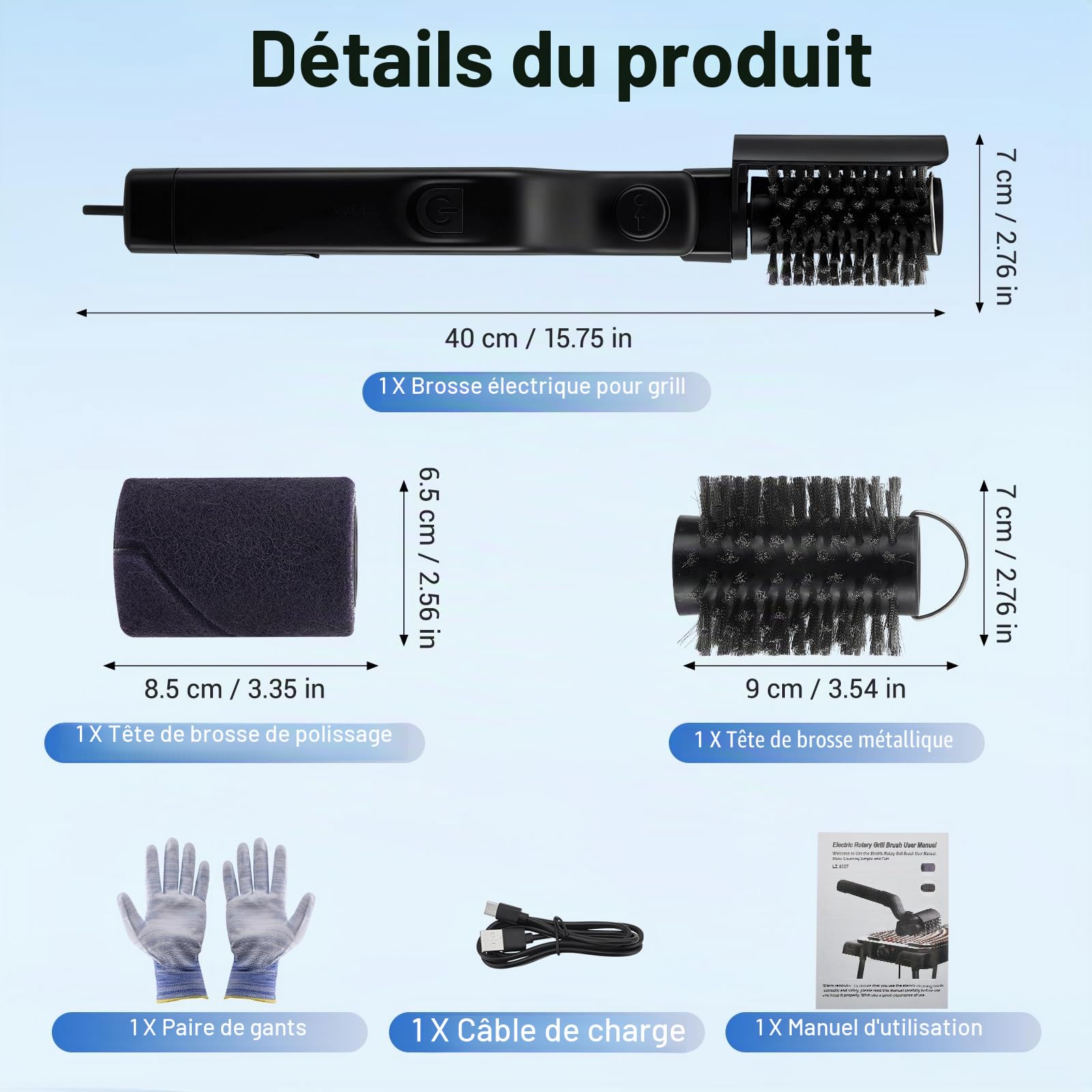 Brosse Électrique pour Barbecue, Tête Rotative en Acier Inoxydable, Réglable à 180°, Nettoyage à 3 Niveaux, Autonomie de 90 Minutes, Nettoyeur de Grill sans Poils pour Barbecue Extérieur