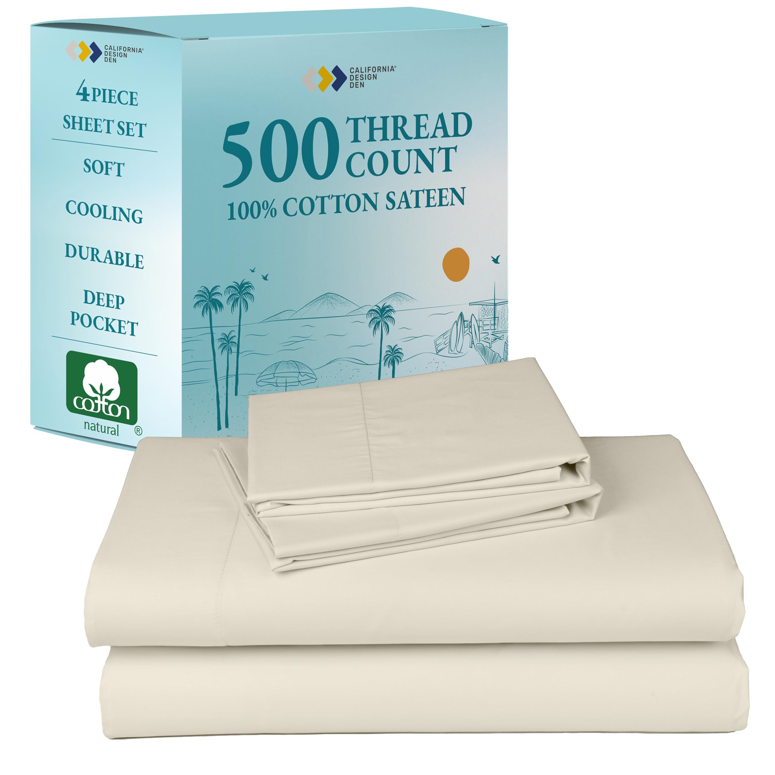 California Design Den King Size Sheet Set - 100% Cotton, 500 Thread Count Sateen, Cooling Deep Pocket Bed Sheets with Fitted Elastic Sheet, Extra Soft Luxury Hotel Quality - Ivory (Creamy Beige Tone)