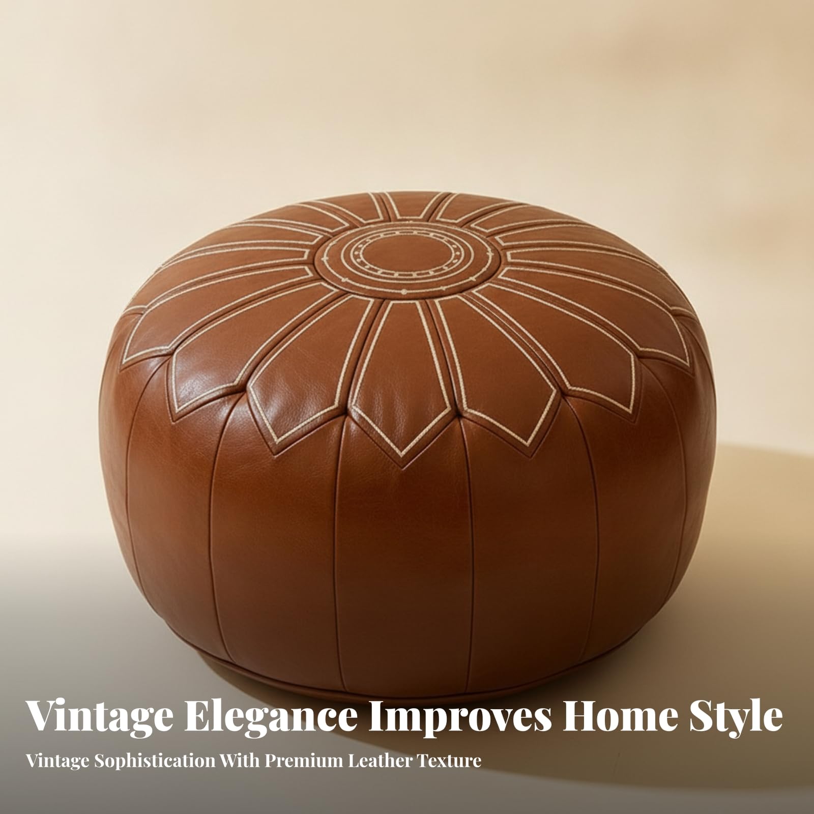 predolo Pouf Imbottito Rotondo Cuciture a Pannelli Pouf Decorato Ricamo Floreale, Marrone Scuro