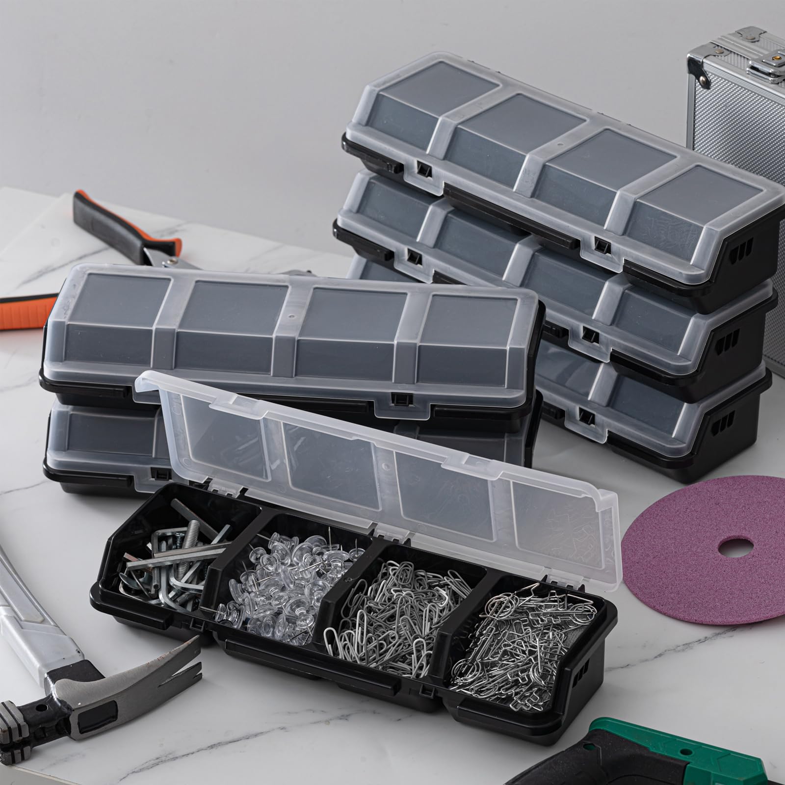 Hushee Confezione da 6 scatole organizer per viti con coperchio, 4 scomparti, divisore per piccoli oggetti, organizer per riporre oggetti, per garage, artigianato, hardware, banco da lavoro (nero)