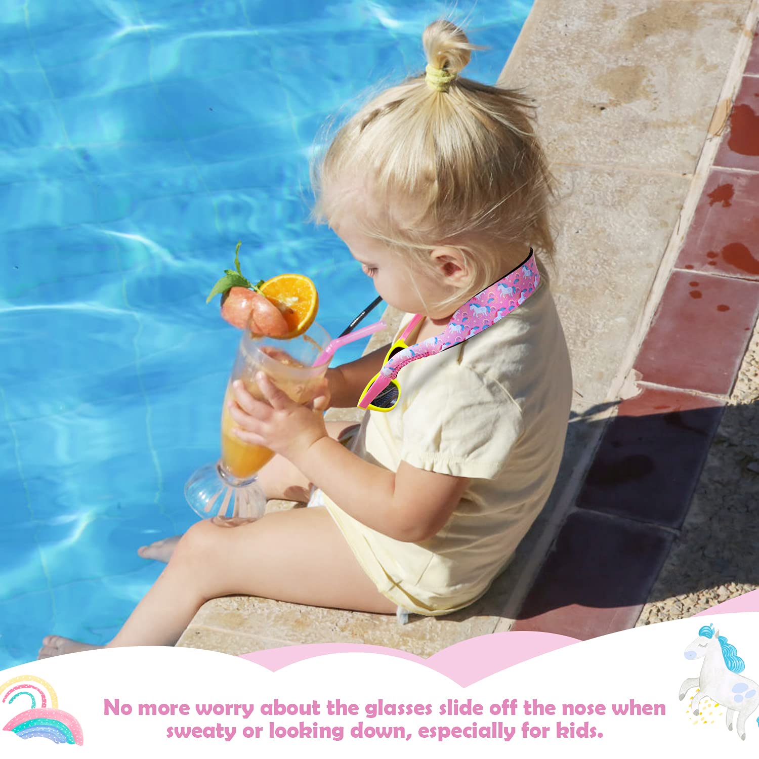 Diseño de retenedor de gafas para niños con material de neopreno flotante, correa ajustable sin cola para niños/niñas, paquete de 2