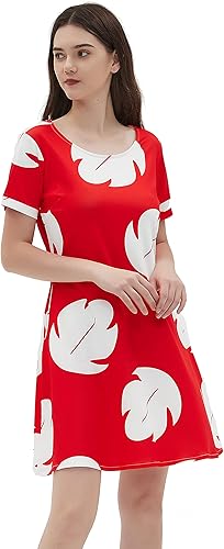 Miniatura 3 de Disfraz de mujer con bolsillo, vestido rojo hawaiano, disfraz de Halloween, vestido de verano de hojas para cosplay