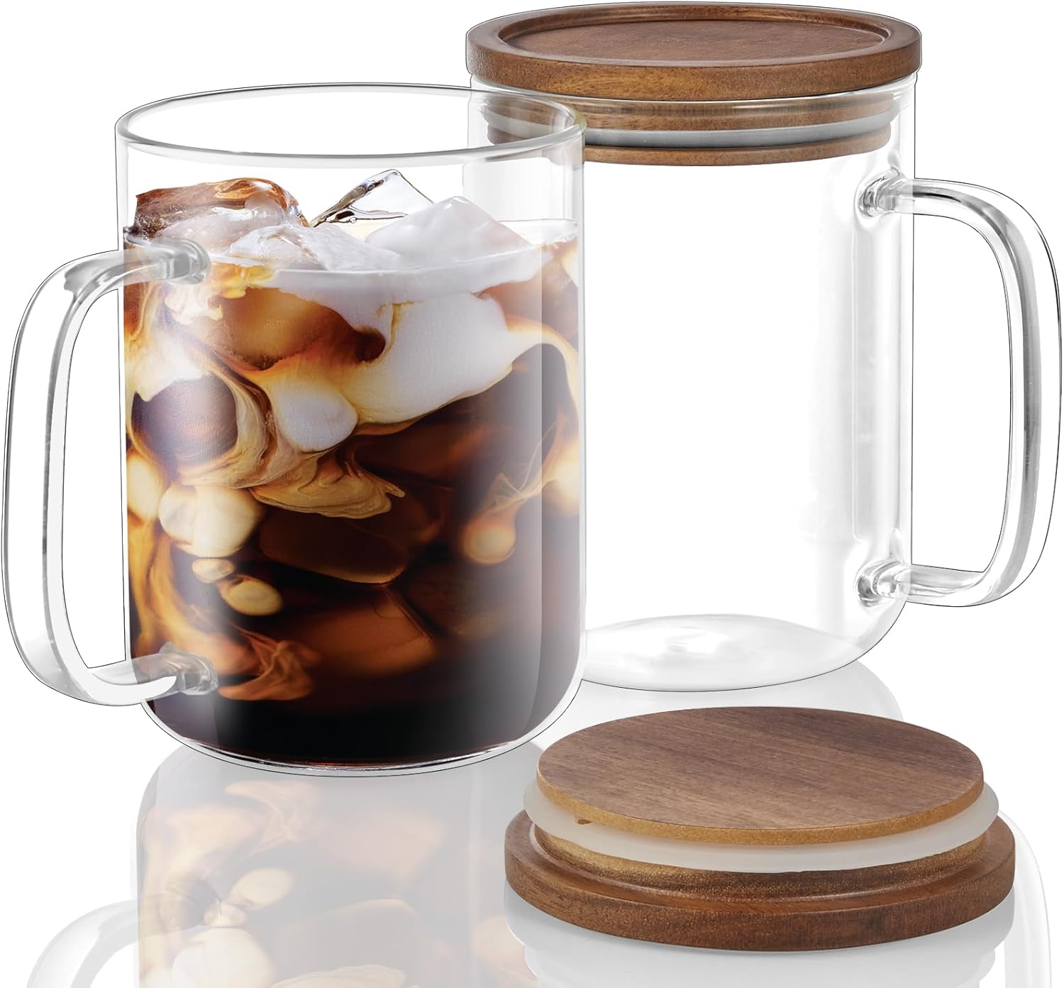 DRASTAR Glass Coffee Mugs, 20 oz Clear Coffee Cups, Coffee Mug with Acacia Wood Lid, Tea Glass Cups with Handles, Large Coffee Mug Set of 4, Glass Coffee Cups for Latte, Espresso, Tea