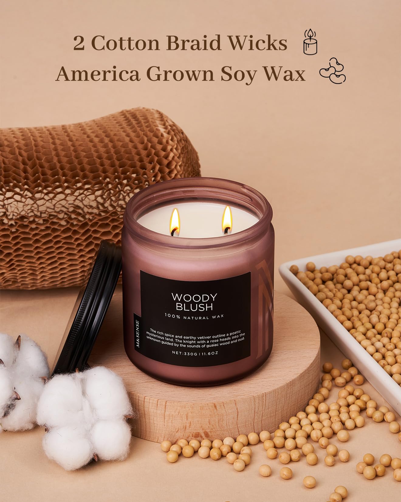 M&SENSE Woody Blush Soy Wax Scented Candles Gifts for Men 330g 70 Hour Burn Time Organic Jar Candles Gift for Women 2 Wick Non Toxic Housewarming Candle for Home Decor Family Friend Party - Image 3