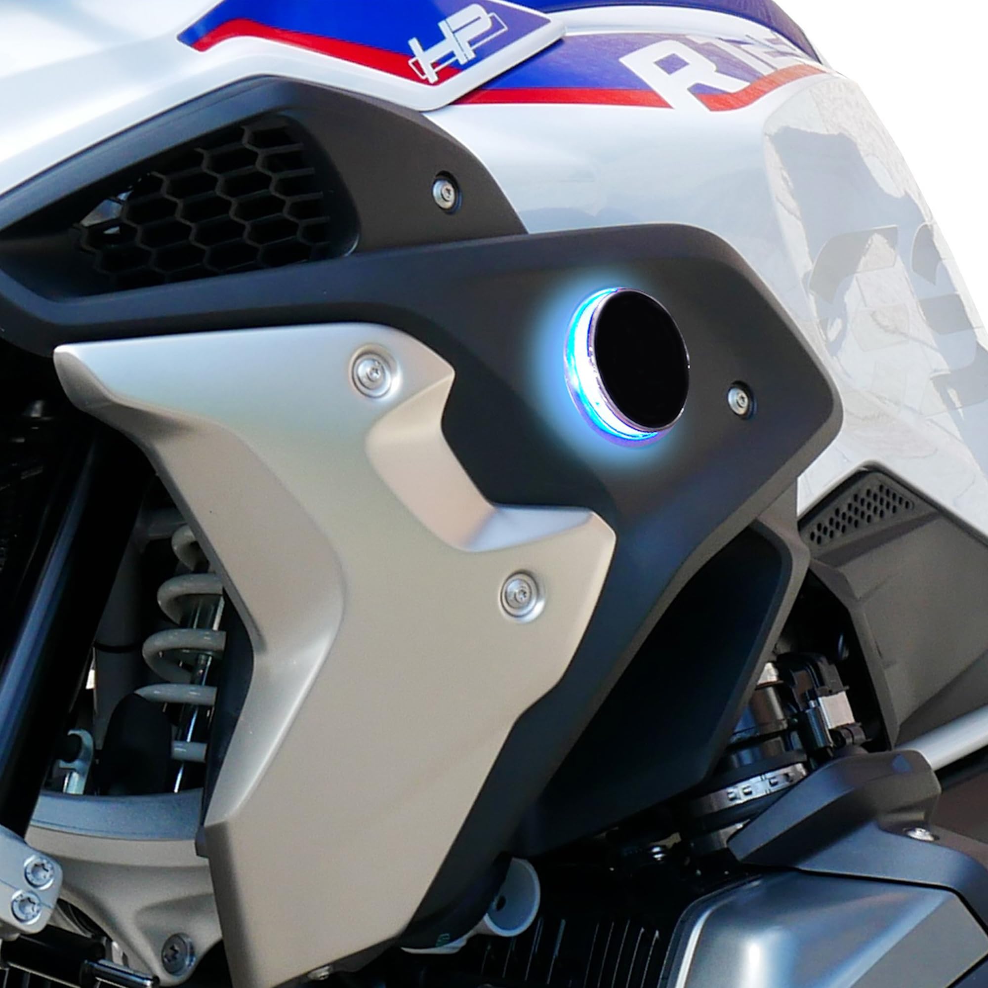 A-PARTS Kit 2 Frecce, Colore Arancio Lampeggiante e Blu fisso, Compatibile con Emblema Moto Diametro 70 mm