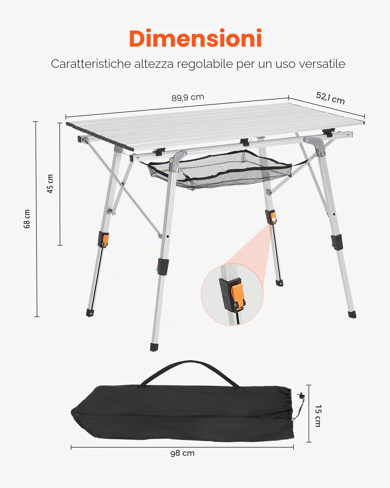 VEVOR Tavolo da Campeggio Pieghevole, Tavolini Laterali Portatili Arrotolabili da Spiaggia in Alluminio Leggero, con Altezza Regolabile, Strato Superiore in Rete e Borsa per Trasporto, Argento