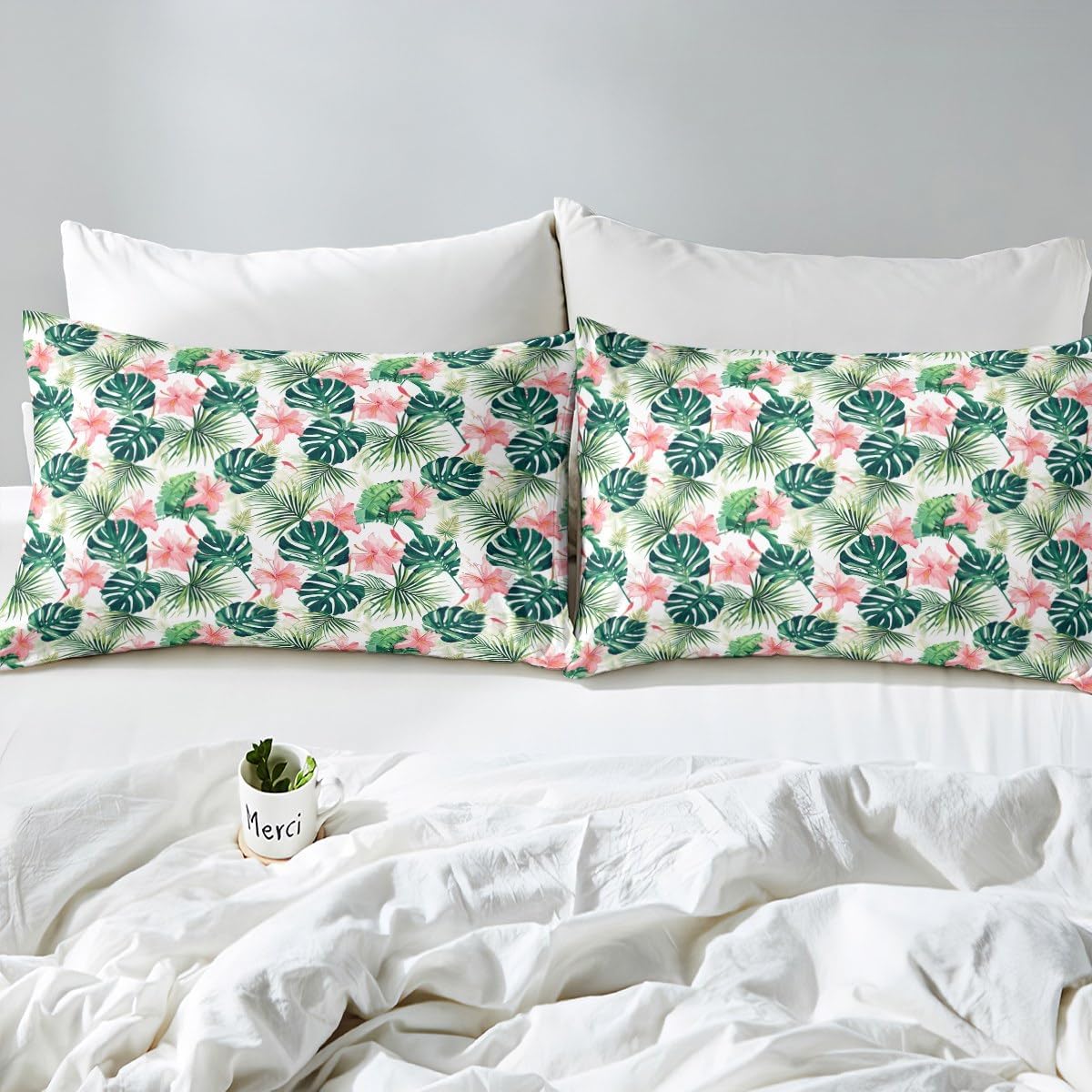 Feelyou Palm Leaf Sheet Set King Size Kids Flower Floral Palm Tree Print Sheets with Deep Pocket Fitted Sheet for Boys Girls Teens Botanical Nature Theme Bed Sheets Set Summer Nature Theme Bedding Set