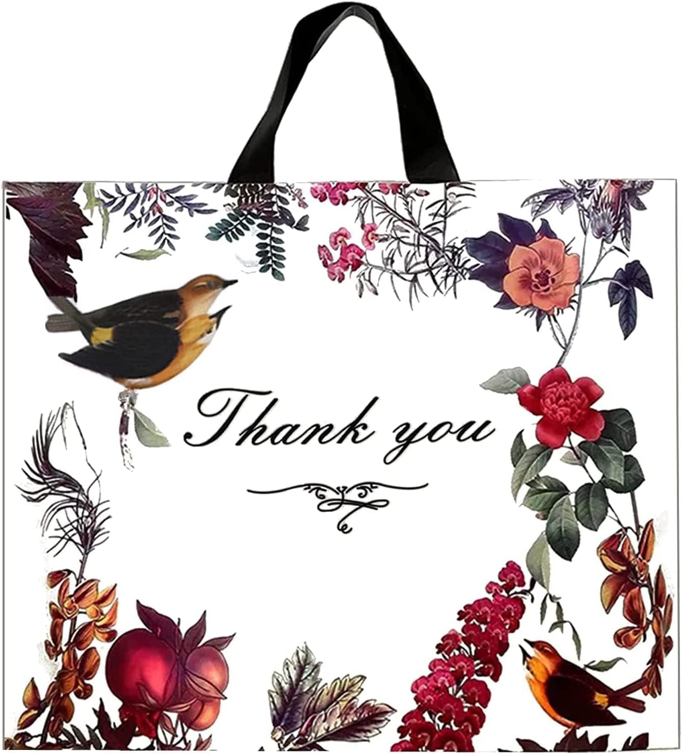 WAKAKO 60 Pack Thank You Bags for Business, Reusable Plastic Shopping Retail Gift Bags with Loop Handle, Boutique Merchandise Use Eco-Friendly Floral (12″ W x 10″ H)