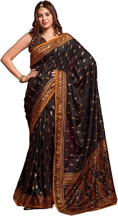 Womens Smooth Silk Saree for Women Elegant Traditional Indian Saree with Soft Finish & Glossy Texture Perfect for Weddings, Festive Wear Black-VP028