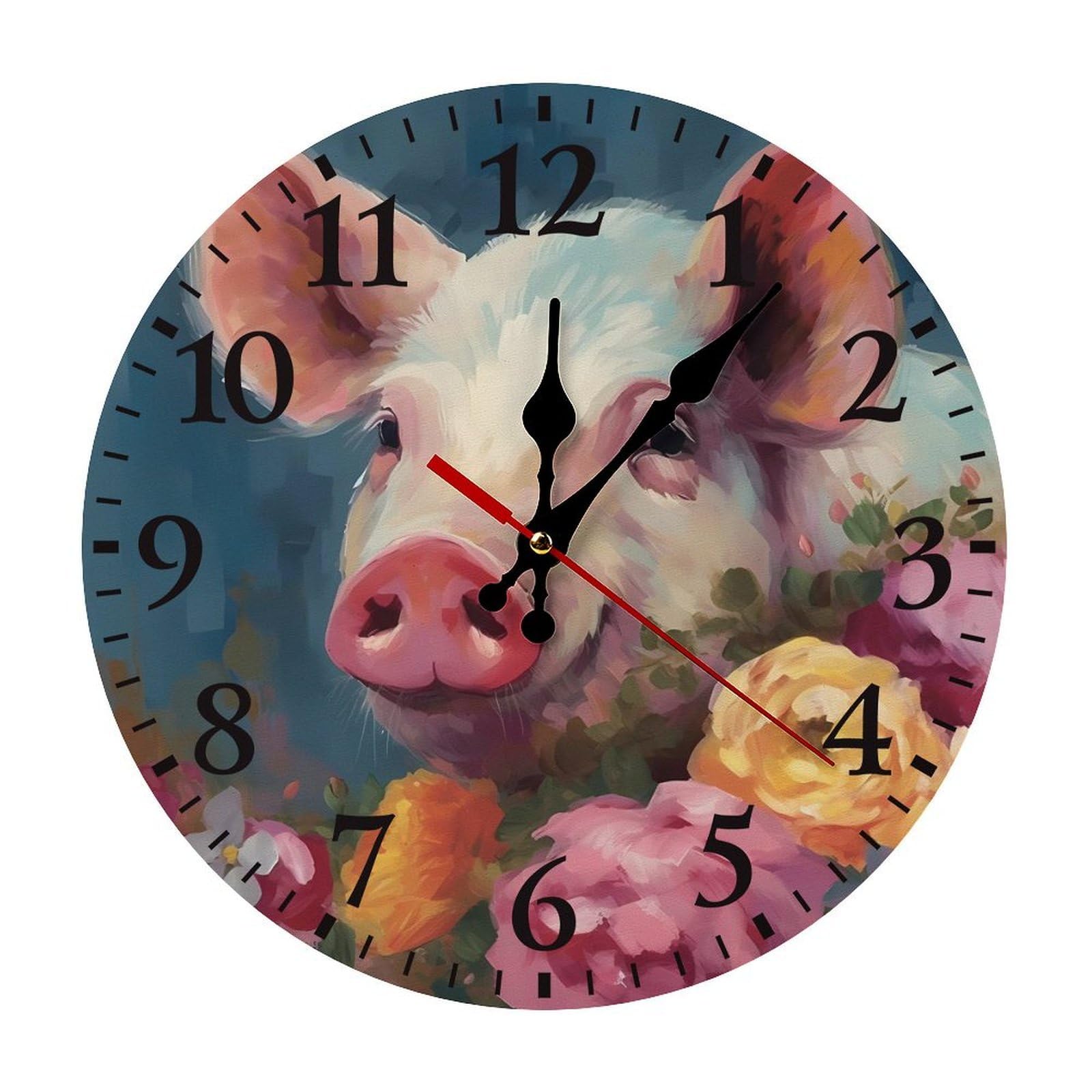 NTVOWPZO 10 Inch Wall Clock Painting Flower Pigs Battery Operated Wall Clocks Silent Non-Ticking Round Wall Clock for Living Room Kitchen Home Office Wall Decorative Clock