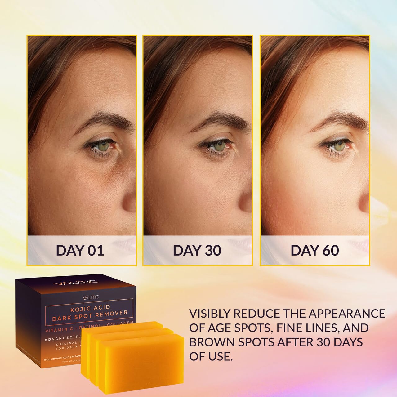 VALITIC Kojic Acid Dark Spot Corrector Soap Bars with Vitamin C, Retinol, Collagen, Turmeric - Original Japanese Complex - Hyaluronic Acid, Vitamin E, Shea Butter, Castile Olive Oil - 3 Pack With Bag - Image 2