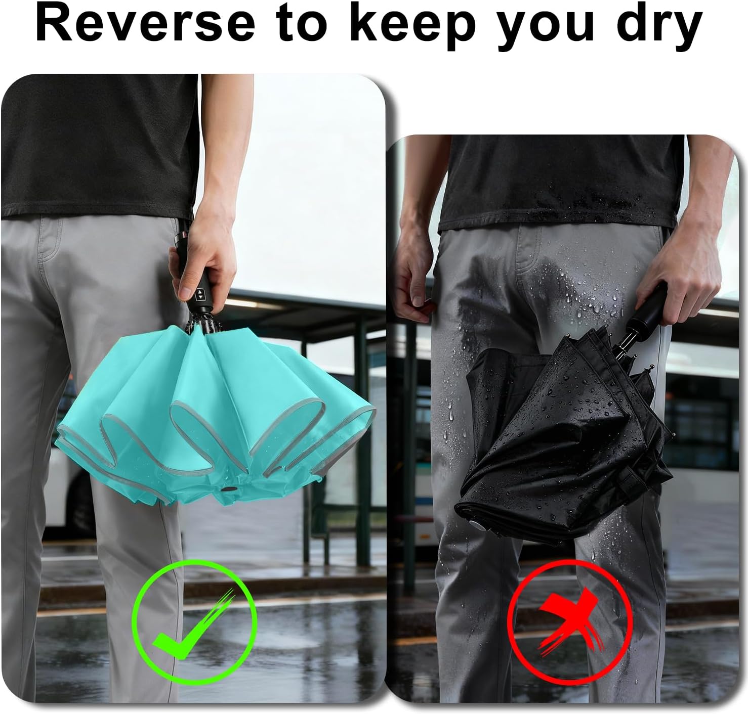 Lejorain Travel Folding Inverted Umbrella - Reverse LED Umbrellas Automatic Open and Close - Reflective Collapsible Reversible Umbrella