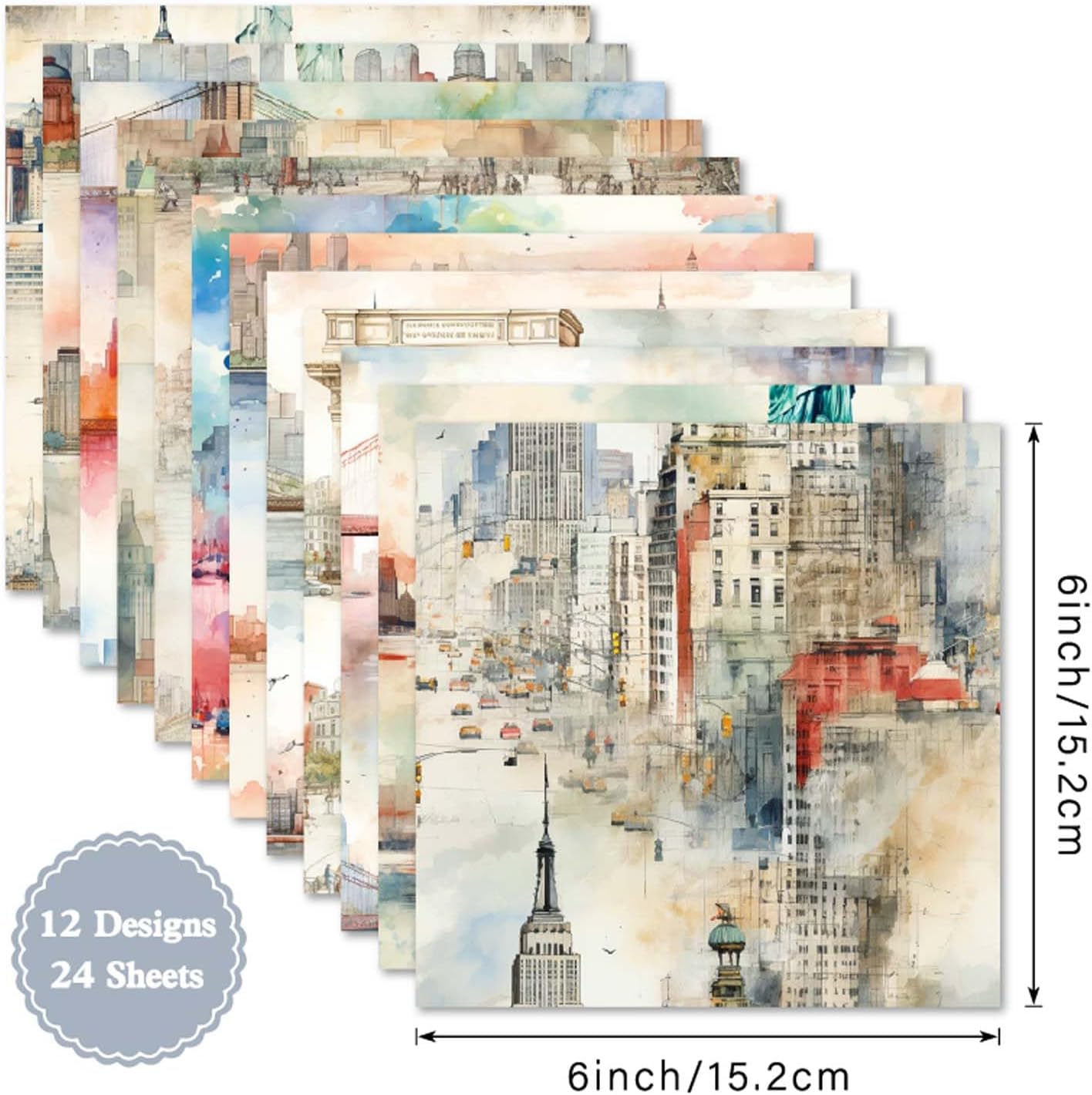 24 Sheets 6"x 6" New York City Landmarks Scrapbook Paper, Statue of Liberty Brooklyn Bridge Pattern Printing Craft Paper for DIY Card Making Scrapbook Photo Album Junk Journal Décor image 2