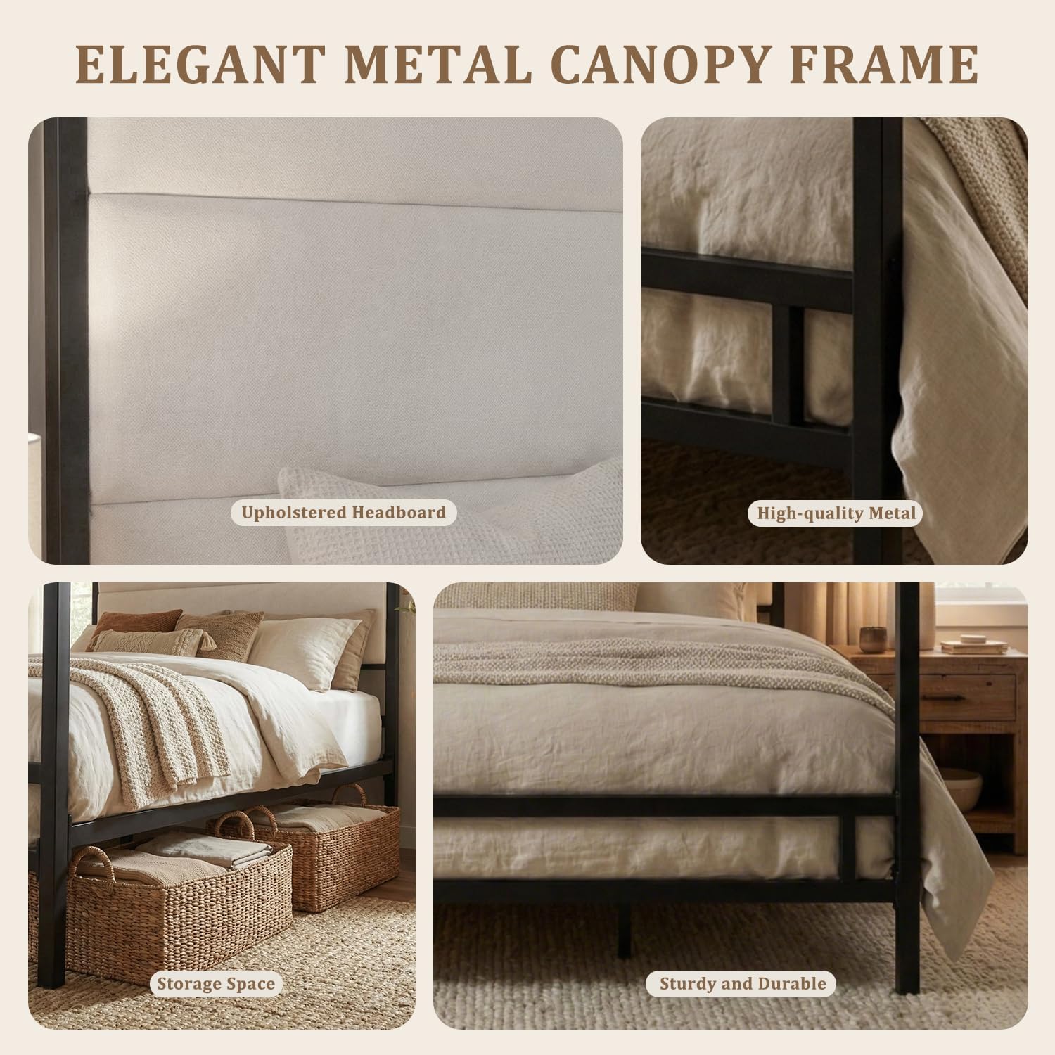 Canopy Bed Frame Queen, Tall Velvet Upholstered Headboard, 4-Post Metal Platform Bed Frame, Noise Free, Box Spring Needed (Black+White, Queen)