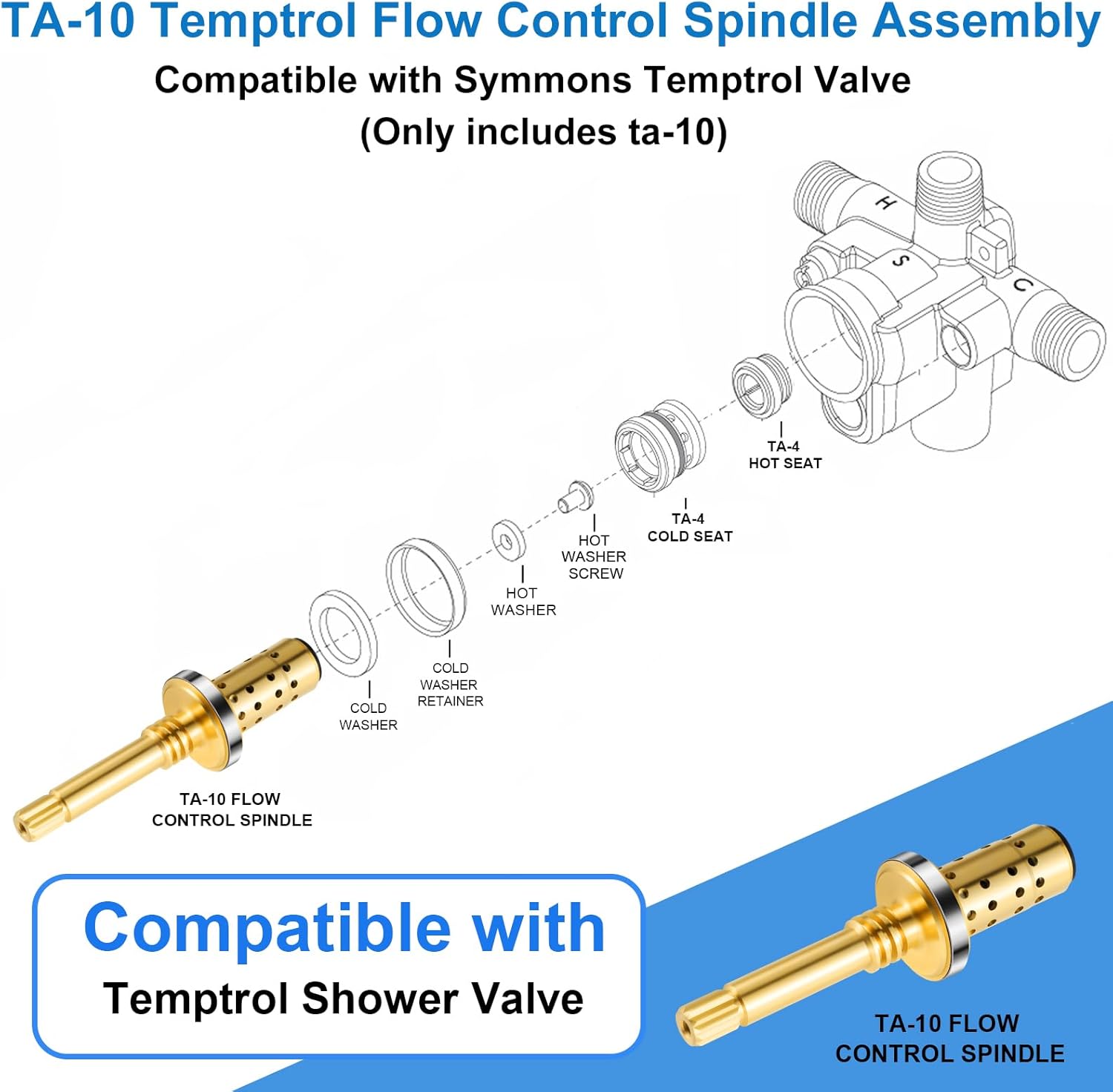 5 Pcs TA-10 Flow Control Spindle Assembly, Compatible with Symmons Temptrol Shower Valve, for Tub/Shower Valve Leak, Brass