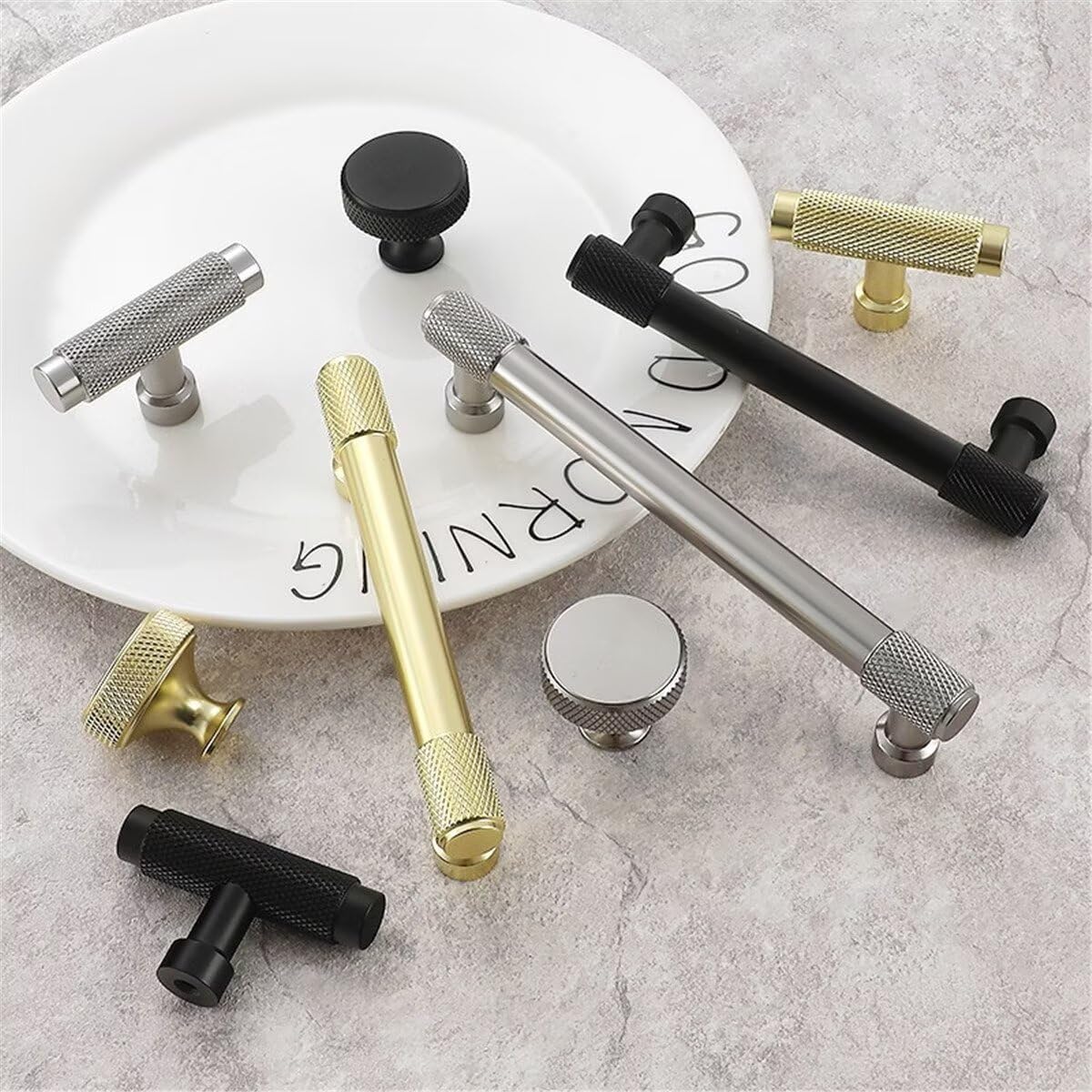 2 Pcs Gold T Shape Cabinet Pulls Modern Kitchen Drawer Handles, Knurled Drawer Pulls Knobs for Cupboard, Wardrobe,Dresser,Bedroom Nightsand,128mm