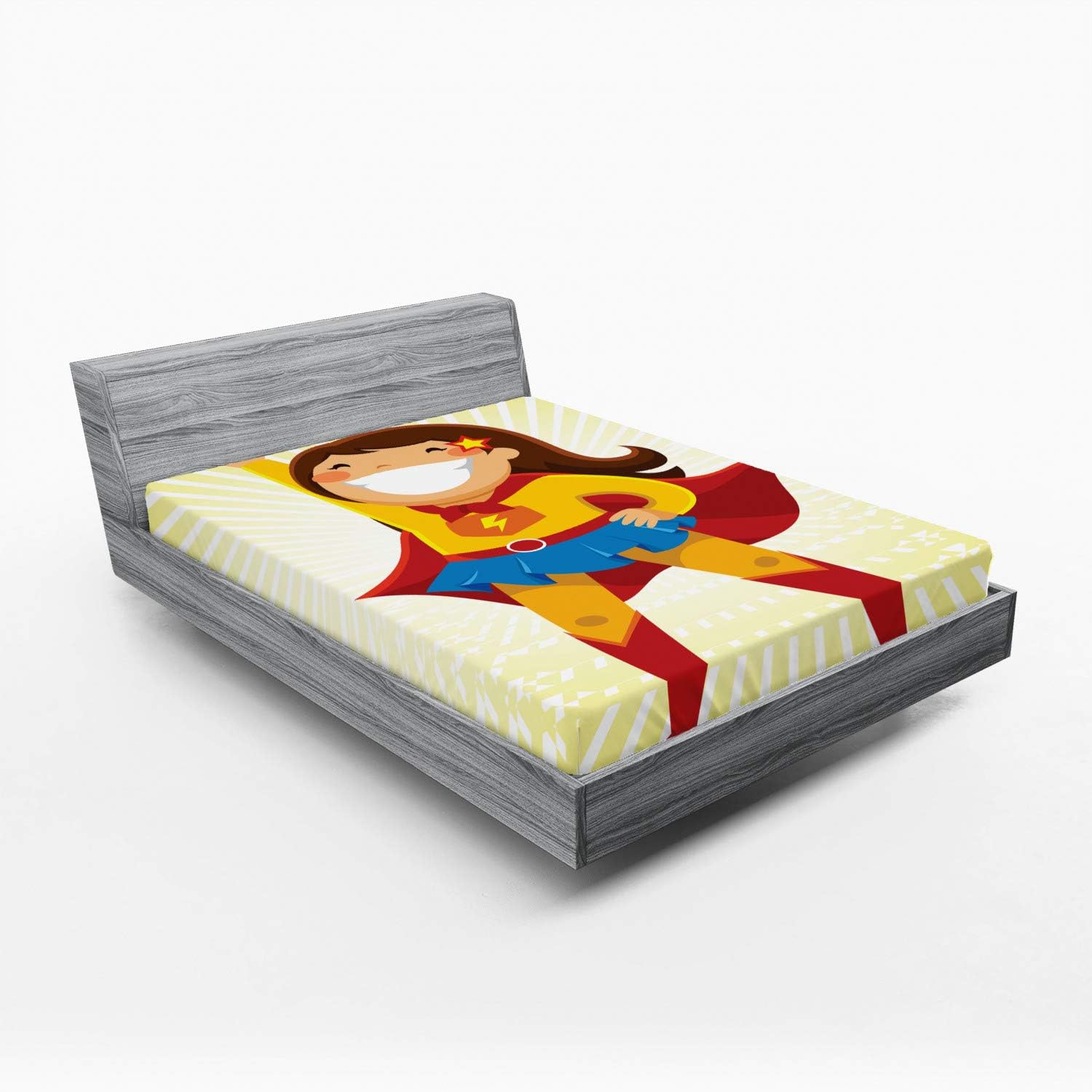 Ambesonne Superhero 2 Pack Fitted Sheet, Heroine Girl Costume, Bed Cover All-Round Elastic Deep Pockets 2 Pieces, Package Contains 2 Full Size Fitted Sheets, Multicolor