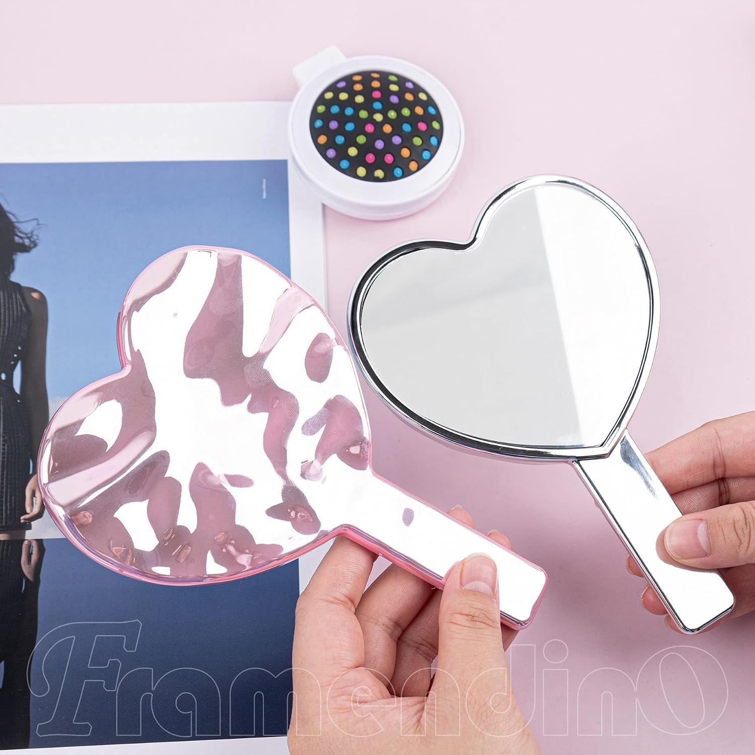 Framendino, 2 Pack Glitter Handheld Mirror Cute Heart Portable Cosmetics Makeup Compact Hand Lash Mirrors for Women Travel Party Pink & Silver Water Ripples