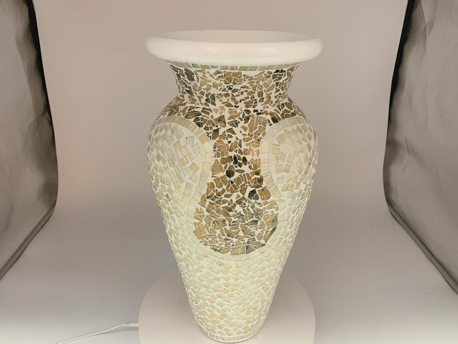 Floor Vase, 18 Inch Mosaic Vase – Tall Cylinder Made of Terracotta with Light Caramel and White Glass Mosaic Pieces – Handcrafted Decorative Home Décor Accent Piece for Bedroom, Living Room