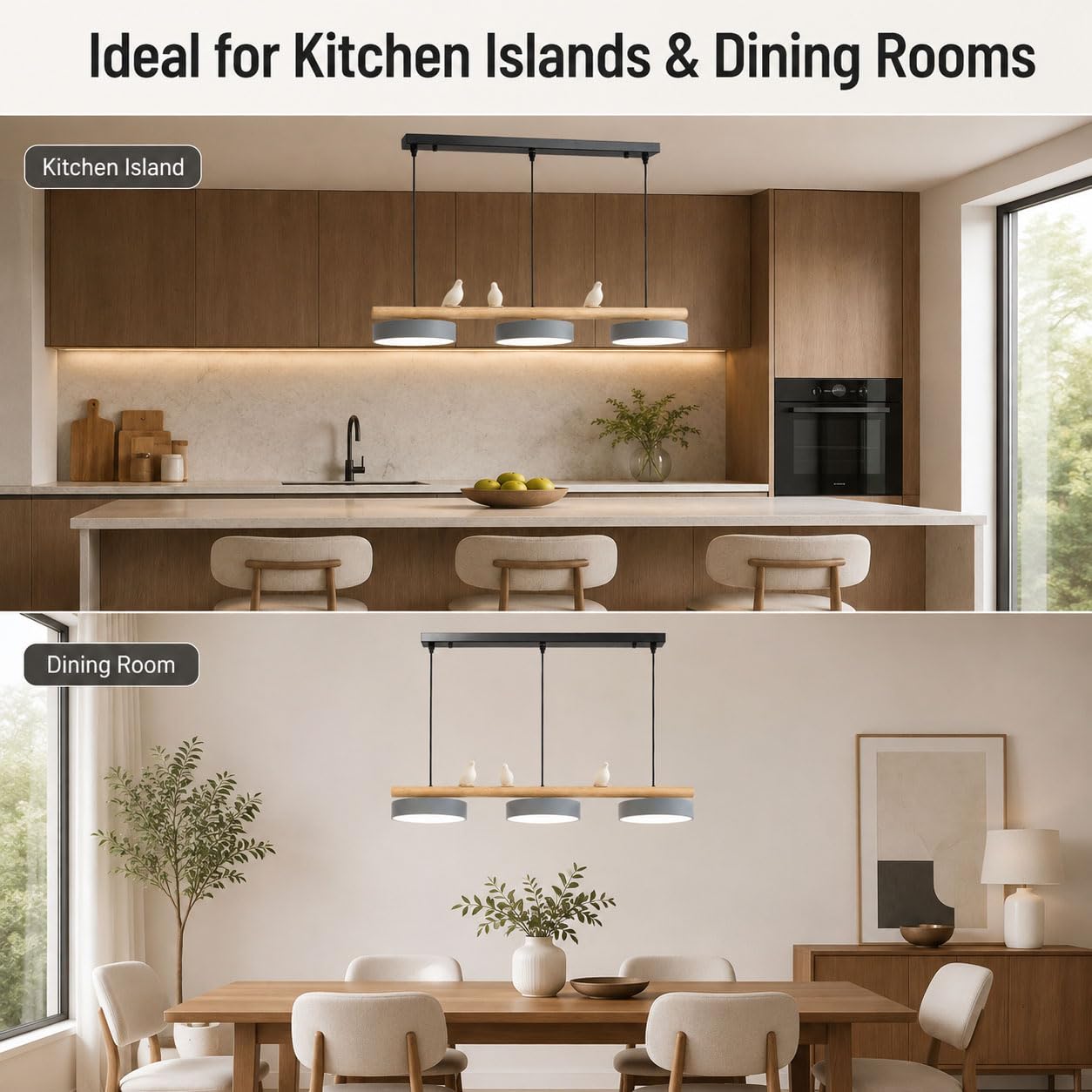Lampadario Cucina Moderno LED 36W, Legno, Sala da Pranzo | LED 36W, 3000K/4000K/6500K, Cavo Regolabile 1 m, Ferro Legno Resina, Decoro Uccello, per Cucina e Sala da Pranzo