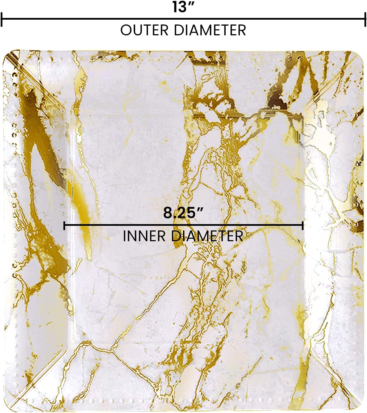 Smarty Had A Party Disposable Charger Plates, Heavy Duty Paper Plate Holder Table Setting, 13" Elegant Dinnerware Bulk for Wedding and Parties (Square White with Gold Marble 120 pcs)