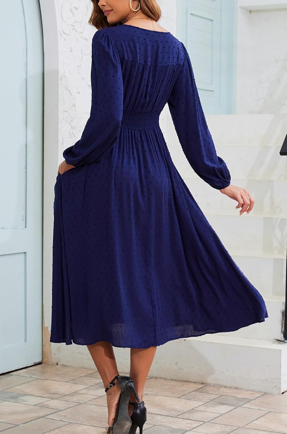 Kormei Women Casual Boho V Neck Long Sleeve Swiss Dot Smocked High Waist A Line Swing Fall Midi Long Dress - Image 5