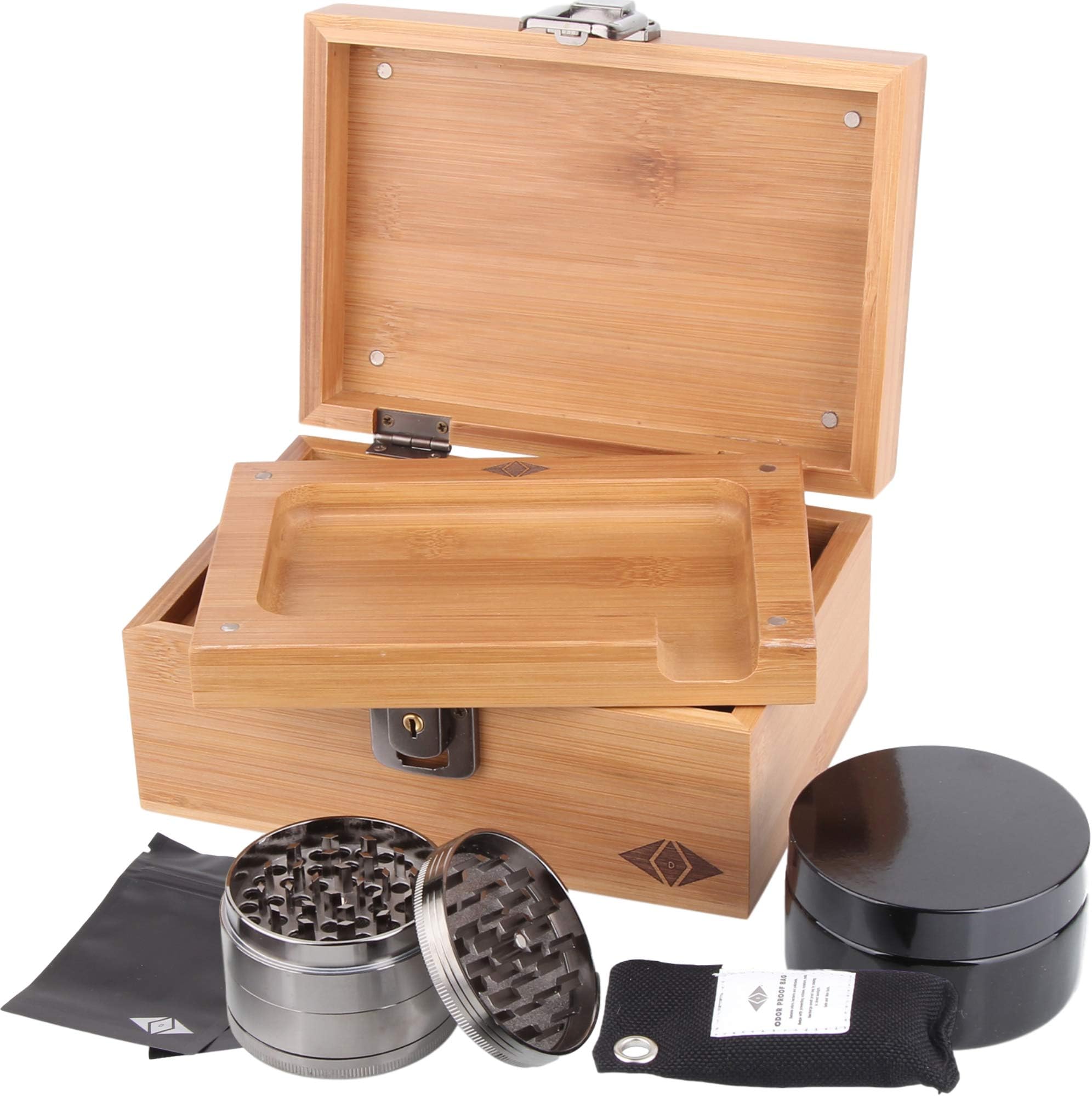 Premium Stash Box Kit with Lock – and Bamboo Wood Rolling Tray Combo, 100 mL Airtight UV Smell Proof Jar, Premium Grinder with Magnetic Lid, Charcoal Bag, 2 Discreet Odorless Resealable Bags