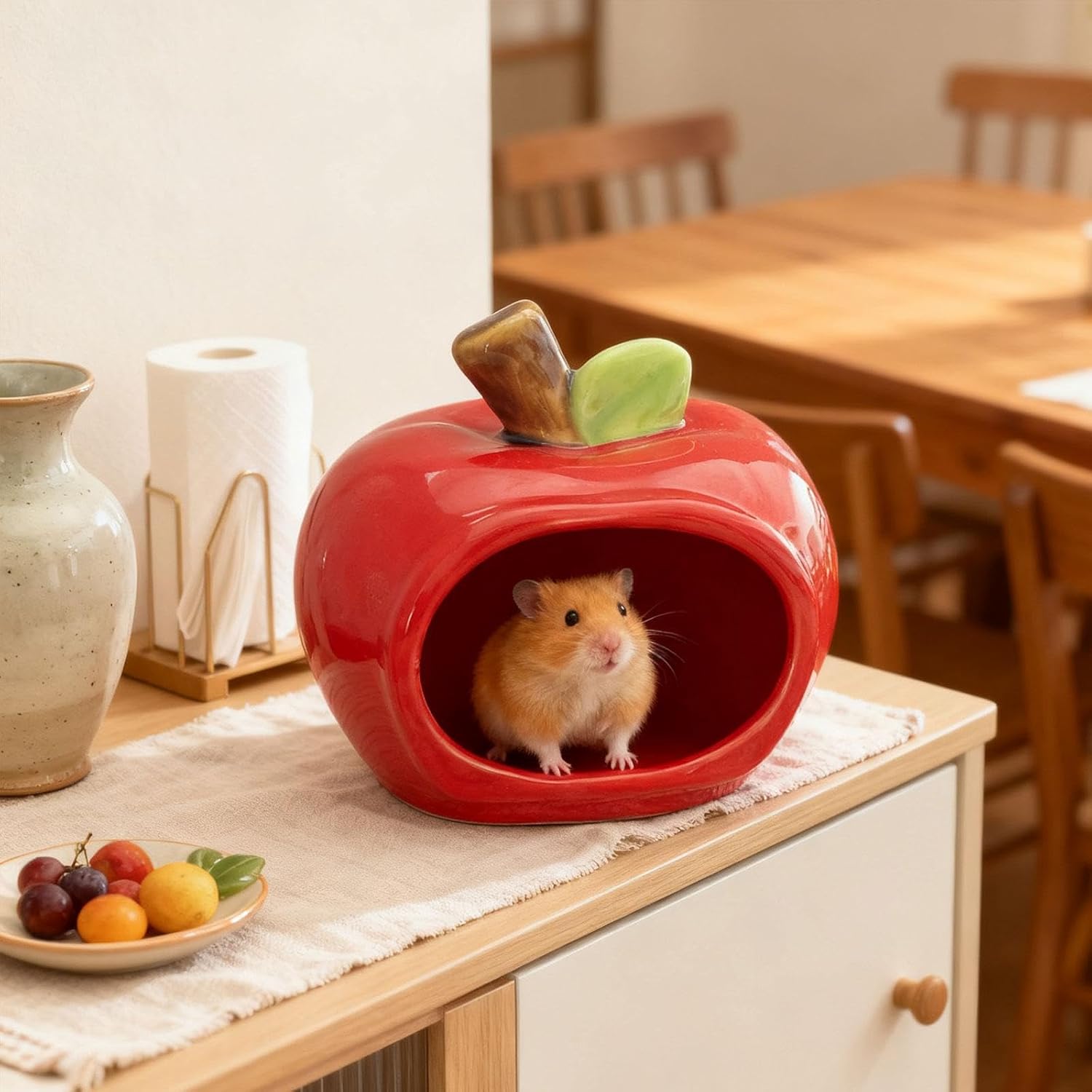 Ceramic Hamster Bowl and Hideout Cave, Creative Outdoor Hamster Nest for Small Pets, Small Animal Habitat Décor- Red