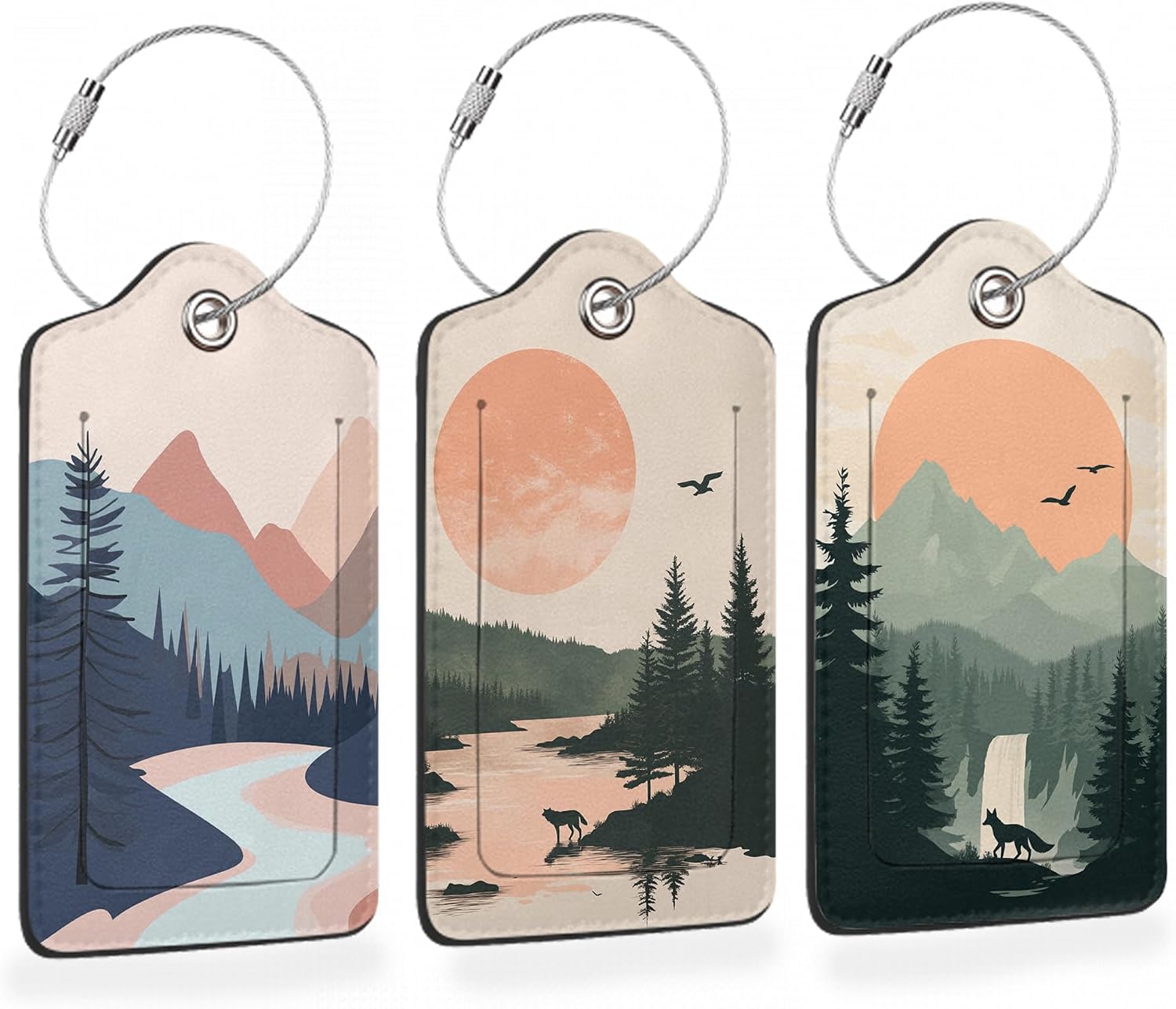 Mystic Wolf Sunset 3 Pack Luggage Tags for Suitcases, Minimalist Mountain River PU Leather Luggage Tag for Travel, Bag Tags with Privacy Name ID Card and Steel Loop for Women Men