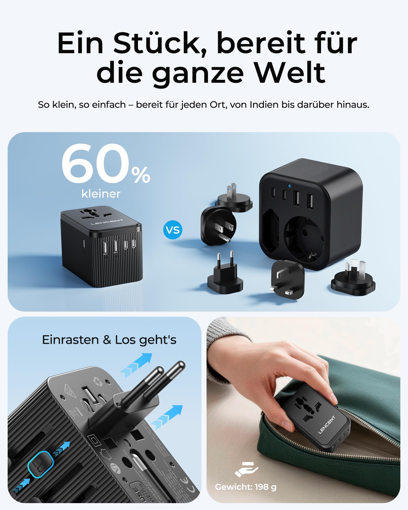 LENCENT Reiseadapter Weltweit, 28W Typ G, D, A, I, C, Universal Reisestecker Adapter mit 3 USB C und 2 USB A, Internationaler Steckdosenadapter für USA England Japan Malediven Sri Lanka Australien