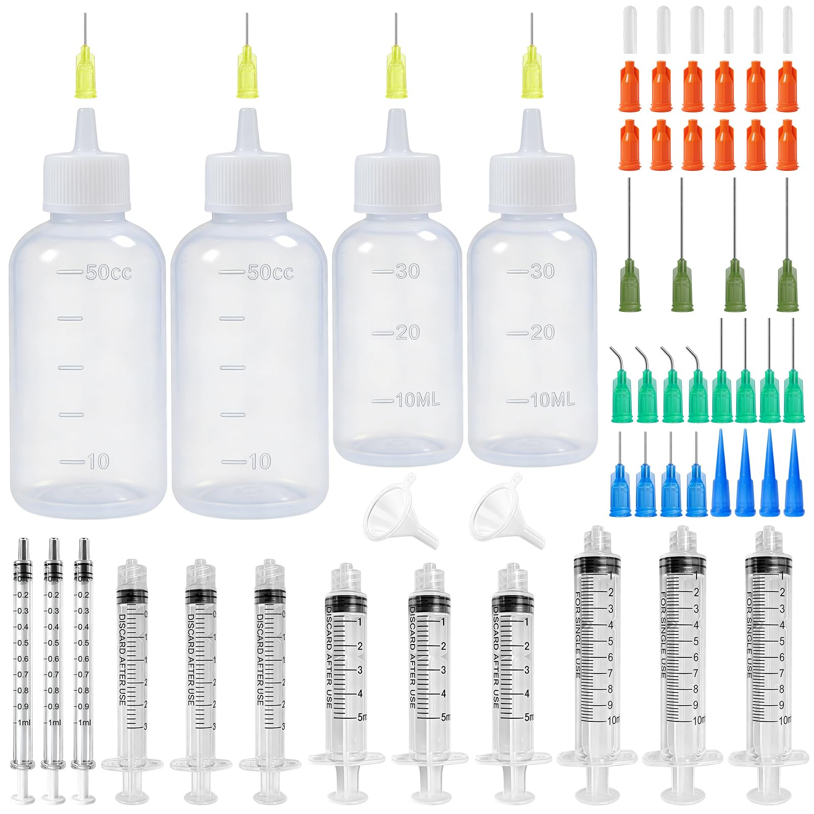 4 Pcs Applicateur de Bouteille Aiguille 30/50 ml, kit de Seringues de 1/3/5/10 ml, Flacons Aiguilles avec Aiguille de Distribution et Capuchons pour Colle Bricolage Huile Peinture Acrylique, 56pc
