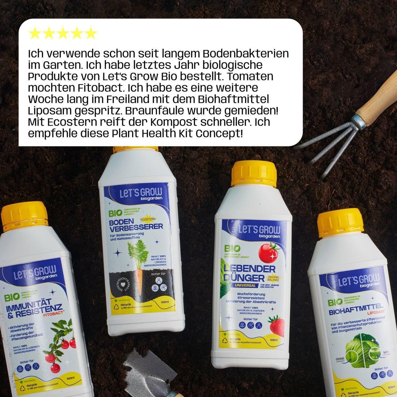 Plant Health Kit: Let’s Grow Bio - Lebender Dünger Organic-Balance®, Bodenverbesserer Ecostern®, Immunität&Resistenz Fitobact® und Bio-Haftmittel Liposam®, 4x500ml