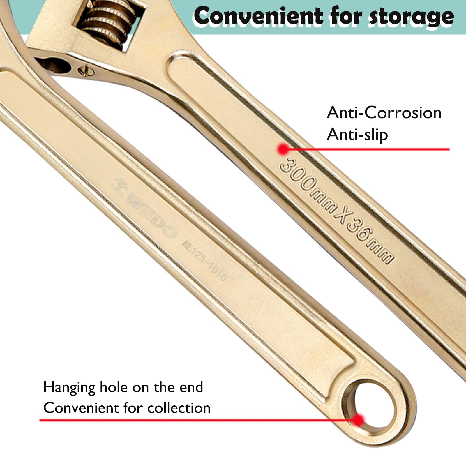 WEDO 12" Chiave inglese regolabile Senza Scintille,Chiave Regolabile a Rullino in alluminio bronzo,Apertura Scorrevole fino a 36 mm,Regolabile Chiave 300mm,Certificato BAM e FM