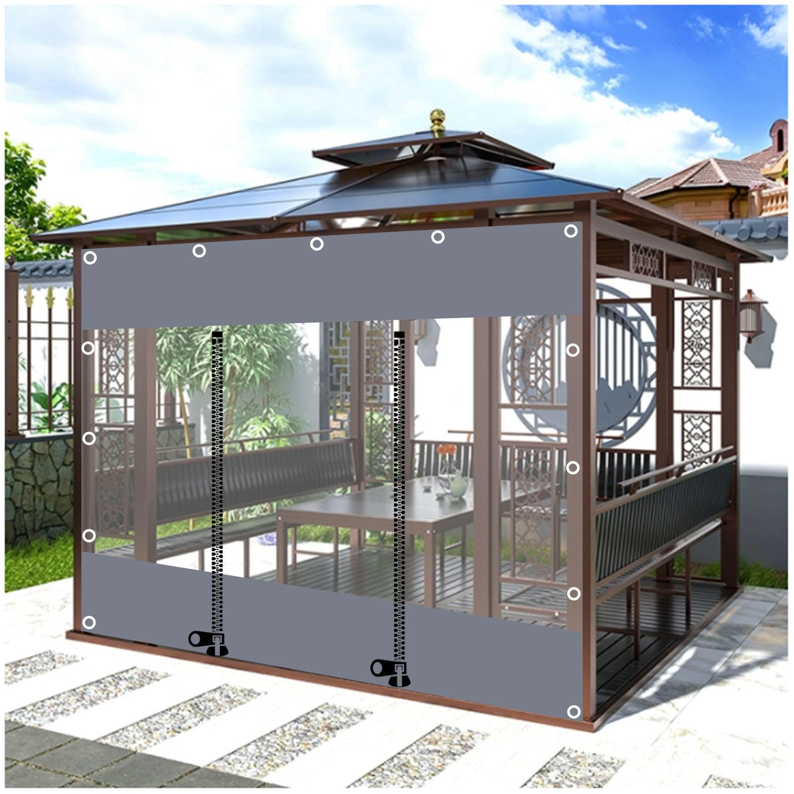 Doorzichtig PVC zeildoek gordijn voor pergola waterdichte buitenhoes met doorvoertules voor terras en veranda grijs 2 x 2 m
