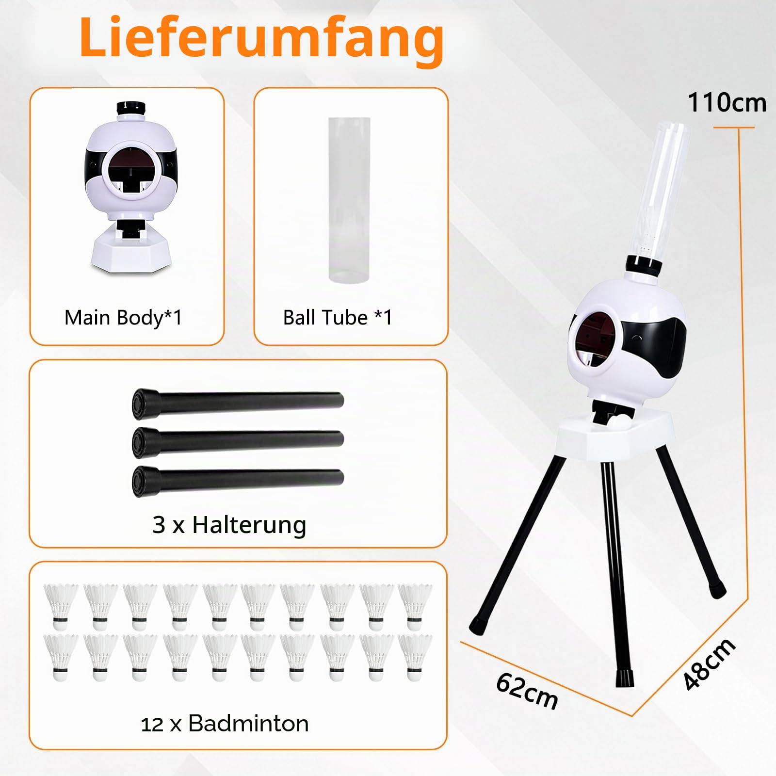 Badminton Aufschlagmaschine mit 18 Bällen, Badminton Trainingsmaschine, Automatischer Federballwerfer, Pitching Maschine Set für Indoor und Outdoor Spieltraining (ohne Batterien und Adapter)