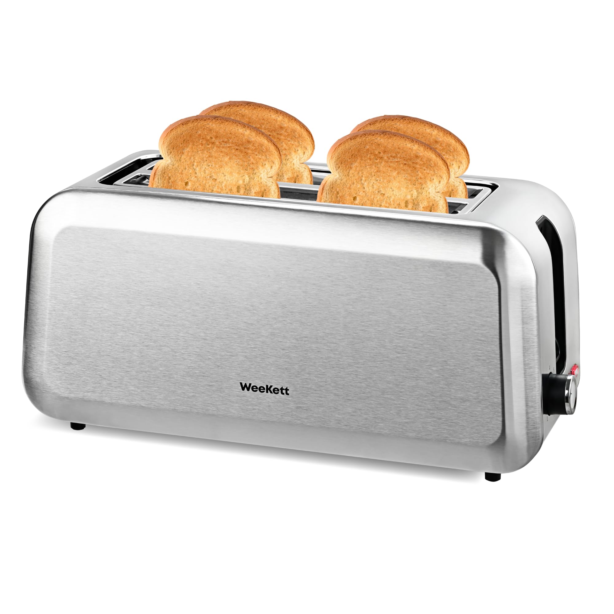 WeeKett Long Slot 4 Slice Toaster, 1250-1450 Watt – Silver Stainless Steel Bread Toaster with Extra Wide Slots for Artisan Bread, Crumpets & Bagels – Adjustable Browning, Defrost & Reheat Functions